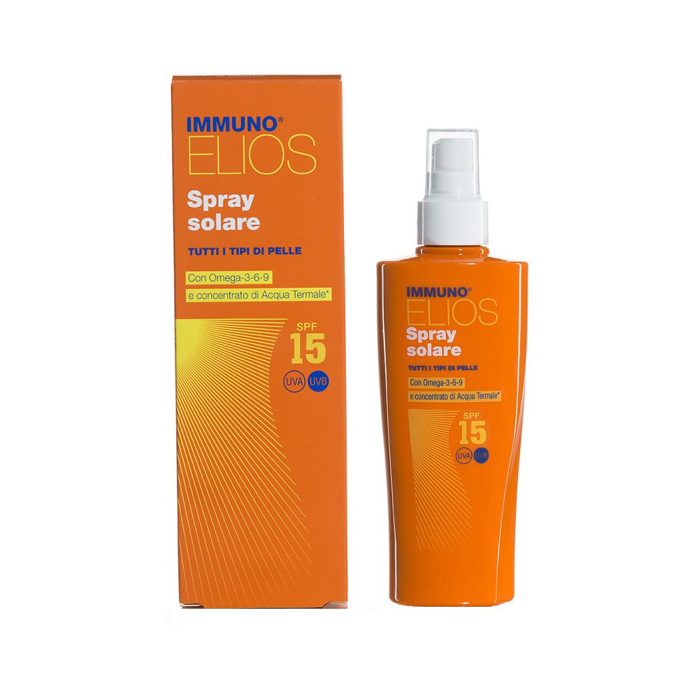 Flacone e scatola arancioni con nome del prodotto e SPF 15. Contiene Omega 3-6-9 e acqua termale.