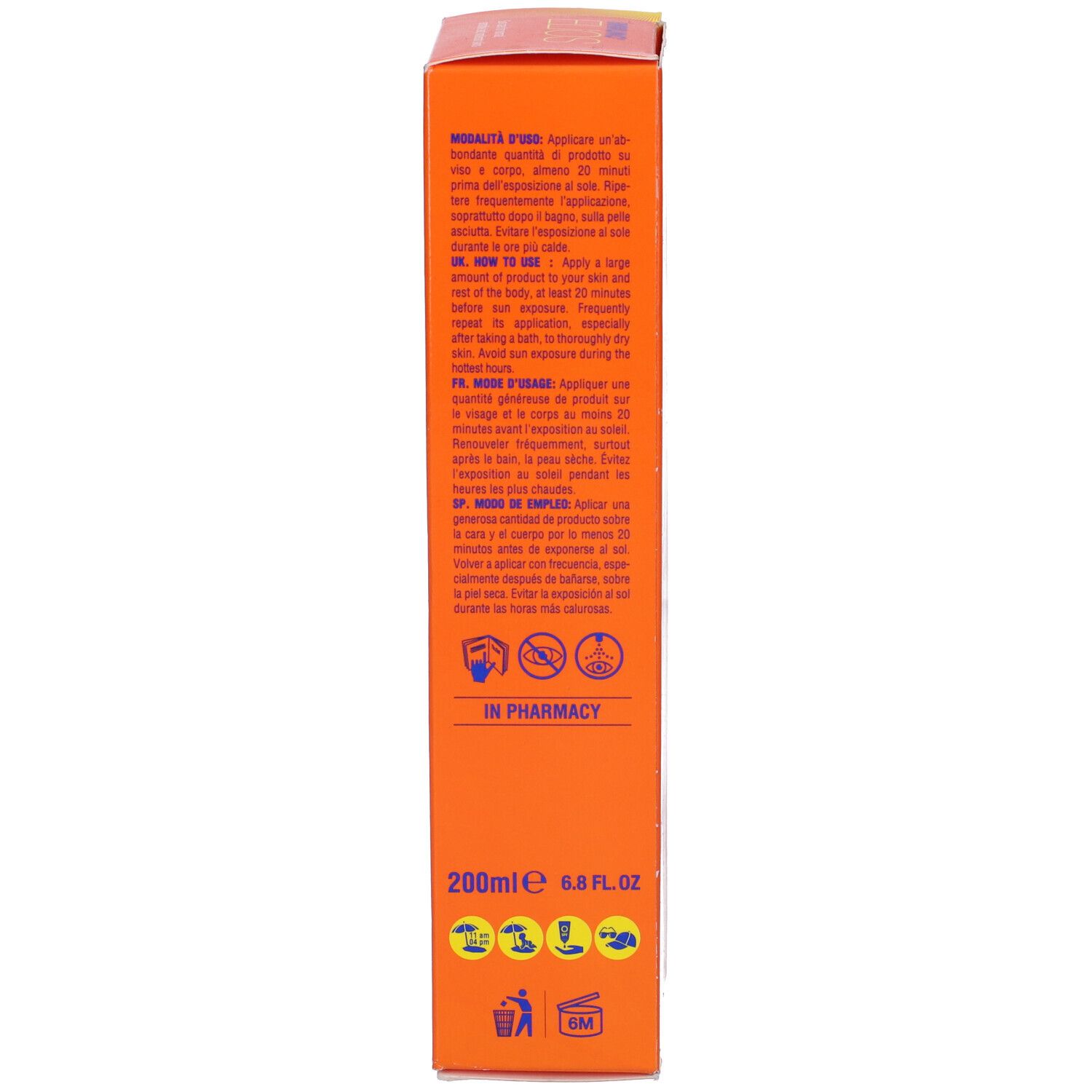Lato della scatola arancione. Istruzioni per l'uso e simboli. Contiene 200ml/6.8 FL.OZ.