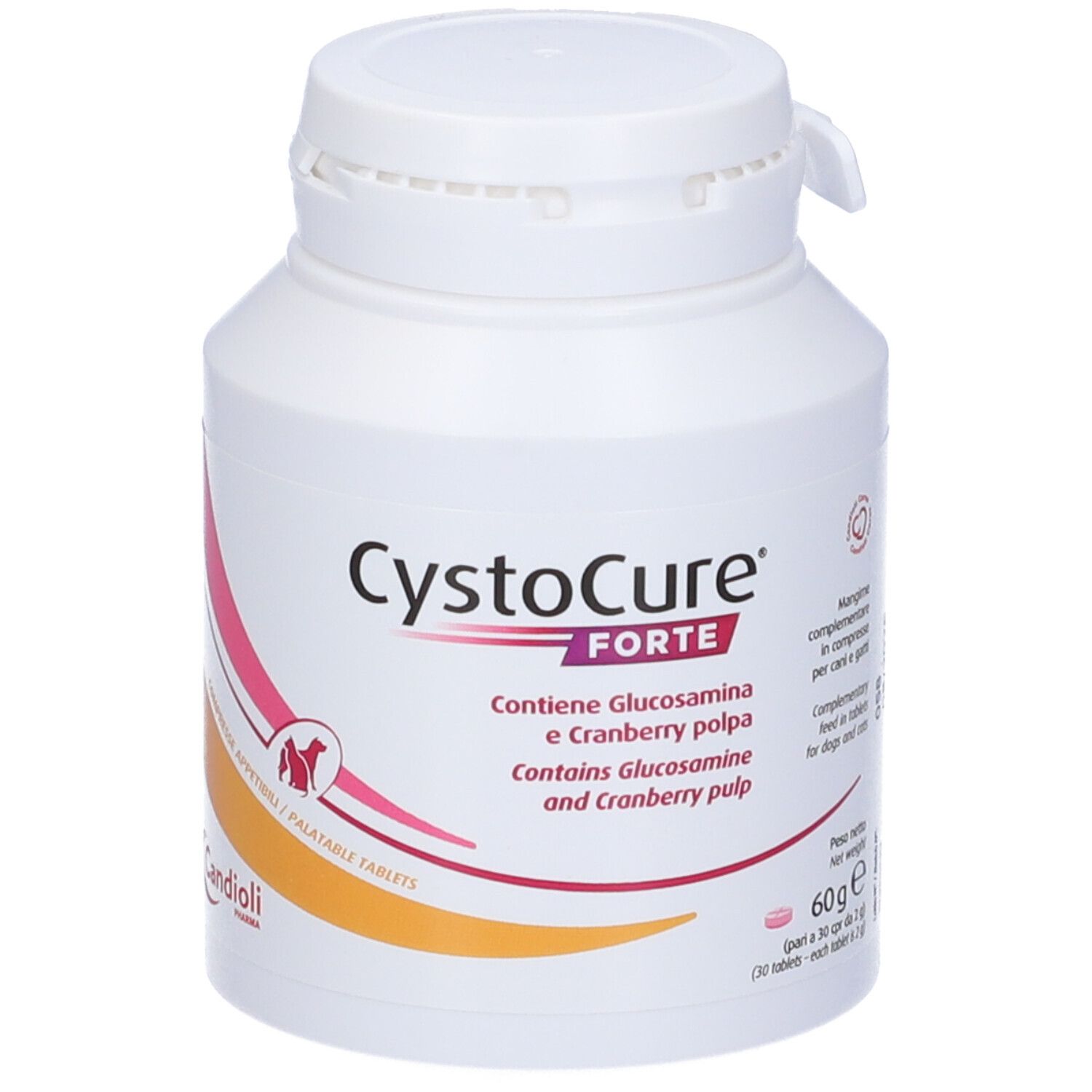 Flacone bianco con testo rosa e rosso. Contiene compresse CystoCure Forte. Contiene glucosamina e polpa di mirtillo rosso.
