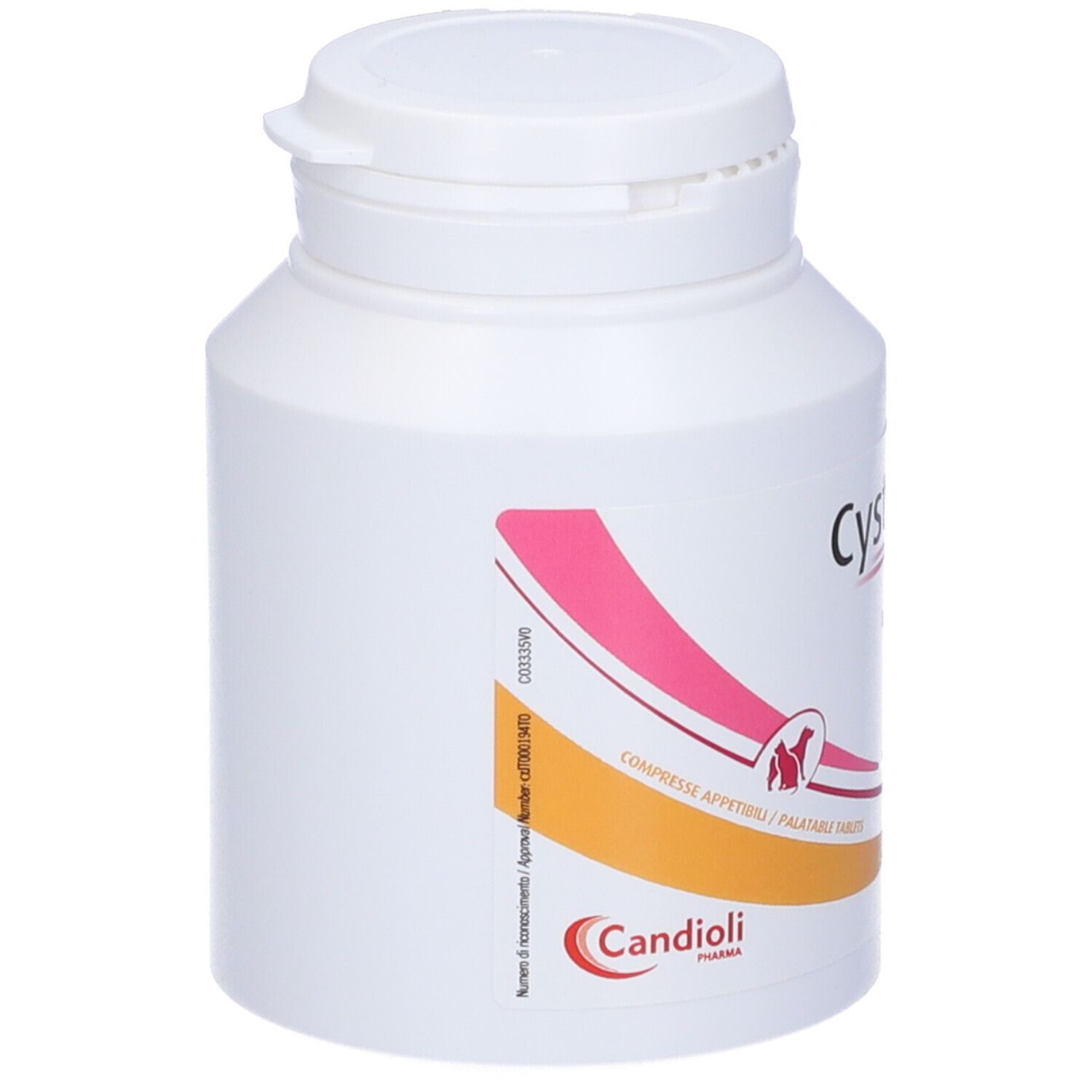 Flacone bianco con testo rosa e rosso. Contiene compresse CystoCure Forte. Marchio: Candoli Pharma.
