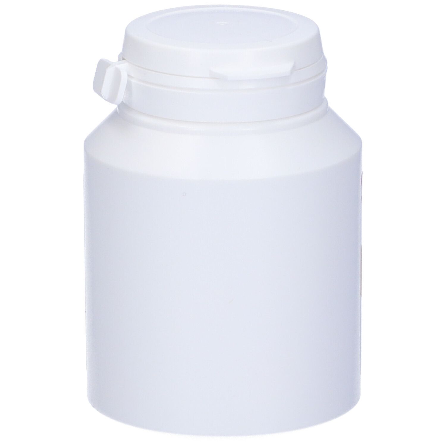 Flacone bianco con coperchio bianco. Il coperchio ha una chiusura a scatto. Nessuna etichetta visibile.