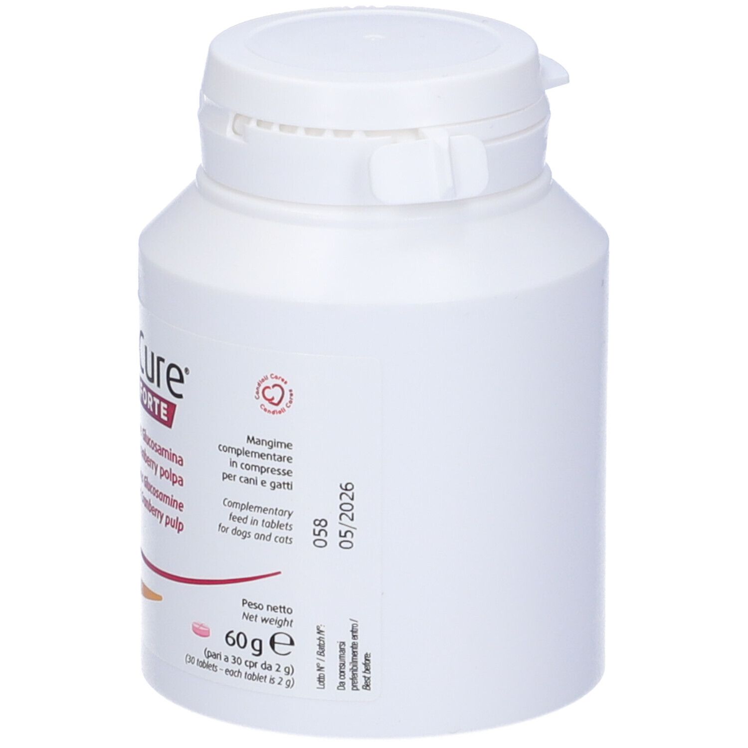 Flacone bianco con testo rosa e rosso. Contiene compresse CystoCure Forte. Scadenza: 05/2026.