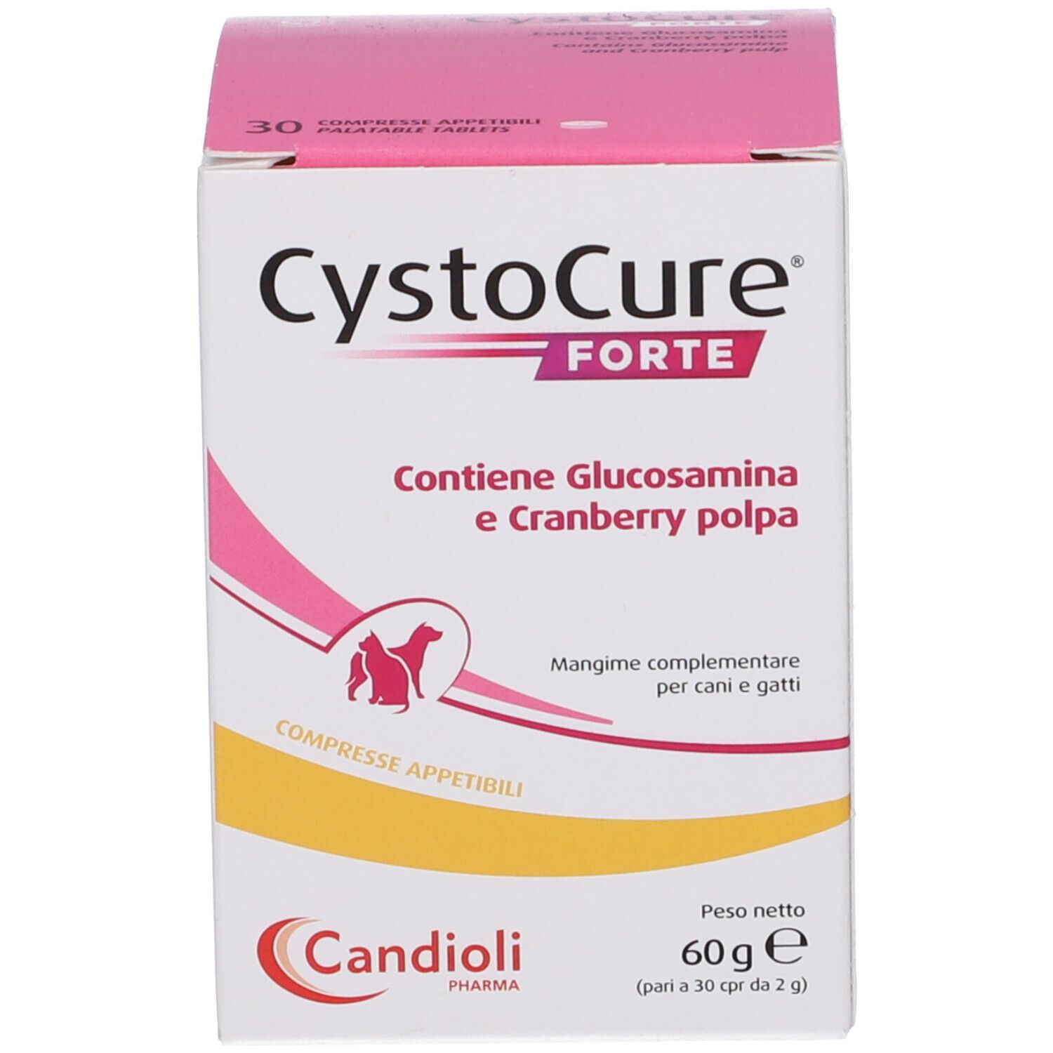 Confezione del prodotto. Contiene compresse CystoCure Forte. Contiene glucosamina e polpa di mirtillo rosso. Marchio: Candoli Pharma.