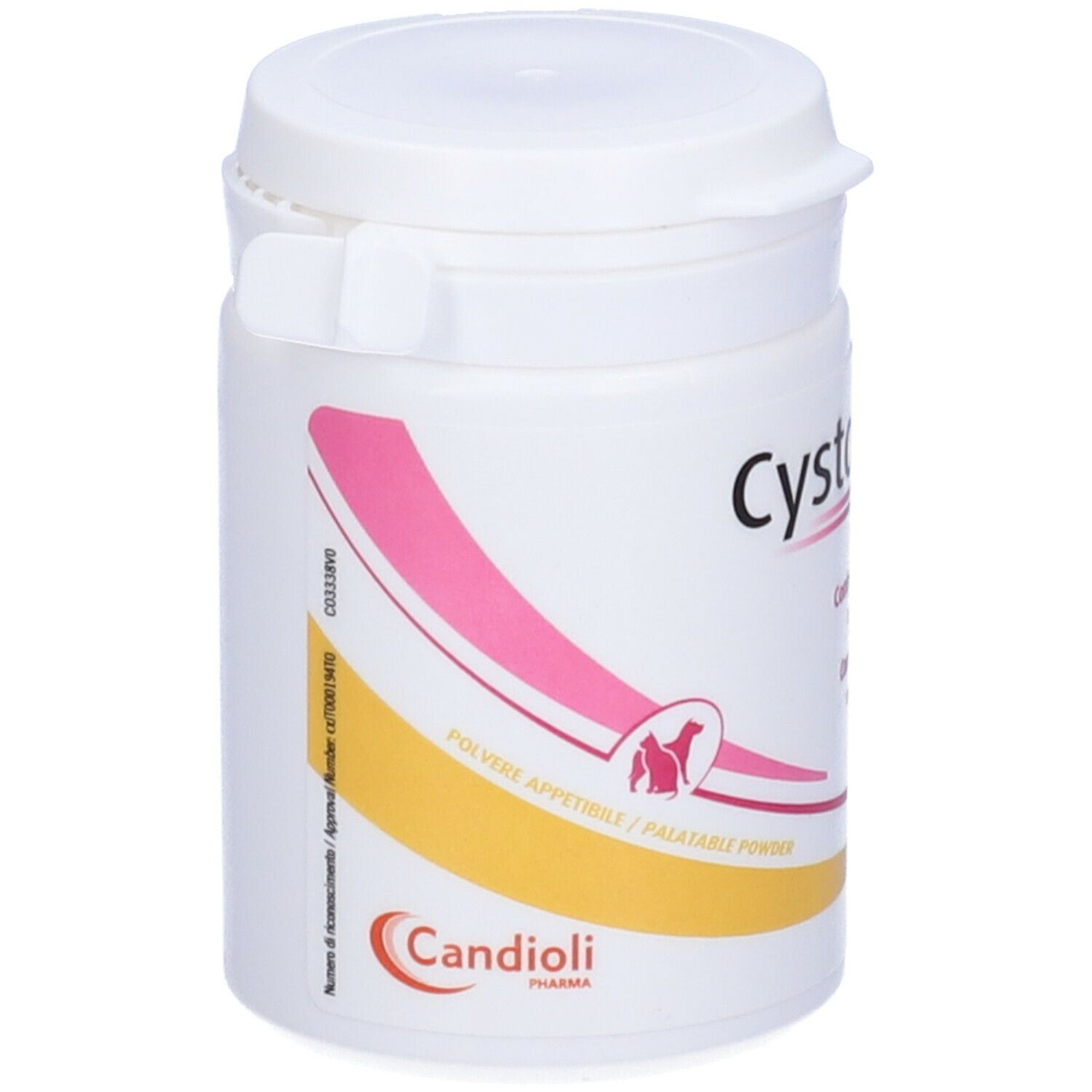 Barattolo bianco con coperchio. Scritta CystoCure Forte, contiene Glucosamina e polpa di mirtillo rosso. Logo cane e gatto.