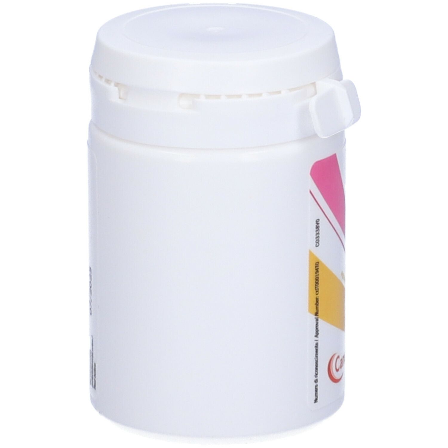 Barattolo bianco con coperchio. Strisce rosa e gialle sul lato. Scritta Candoli Pharma.