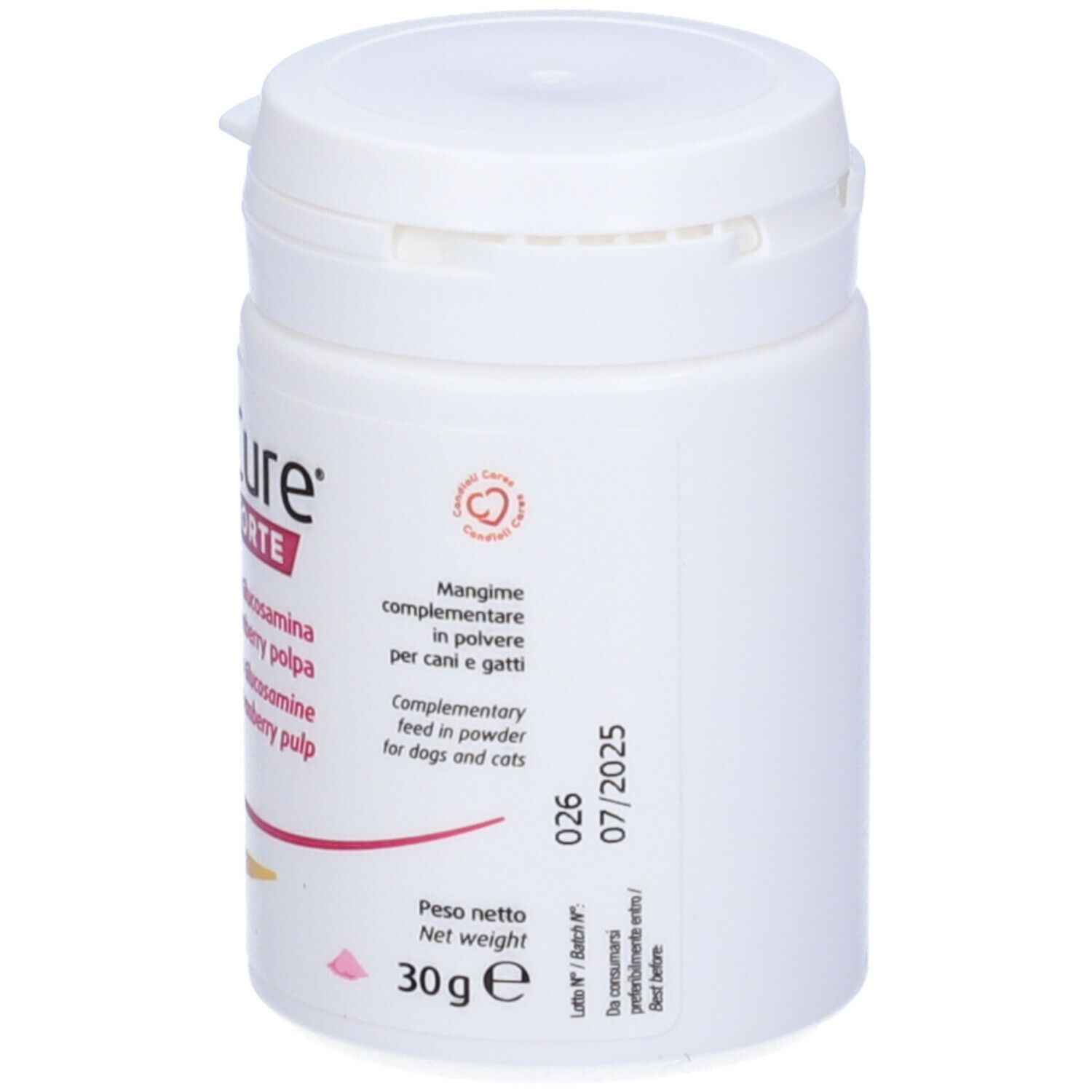 Barattolo bianco con coperchio. Testo e logo sul lato. Scritta 07/2025 e 30g.