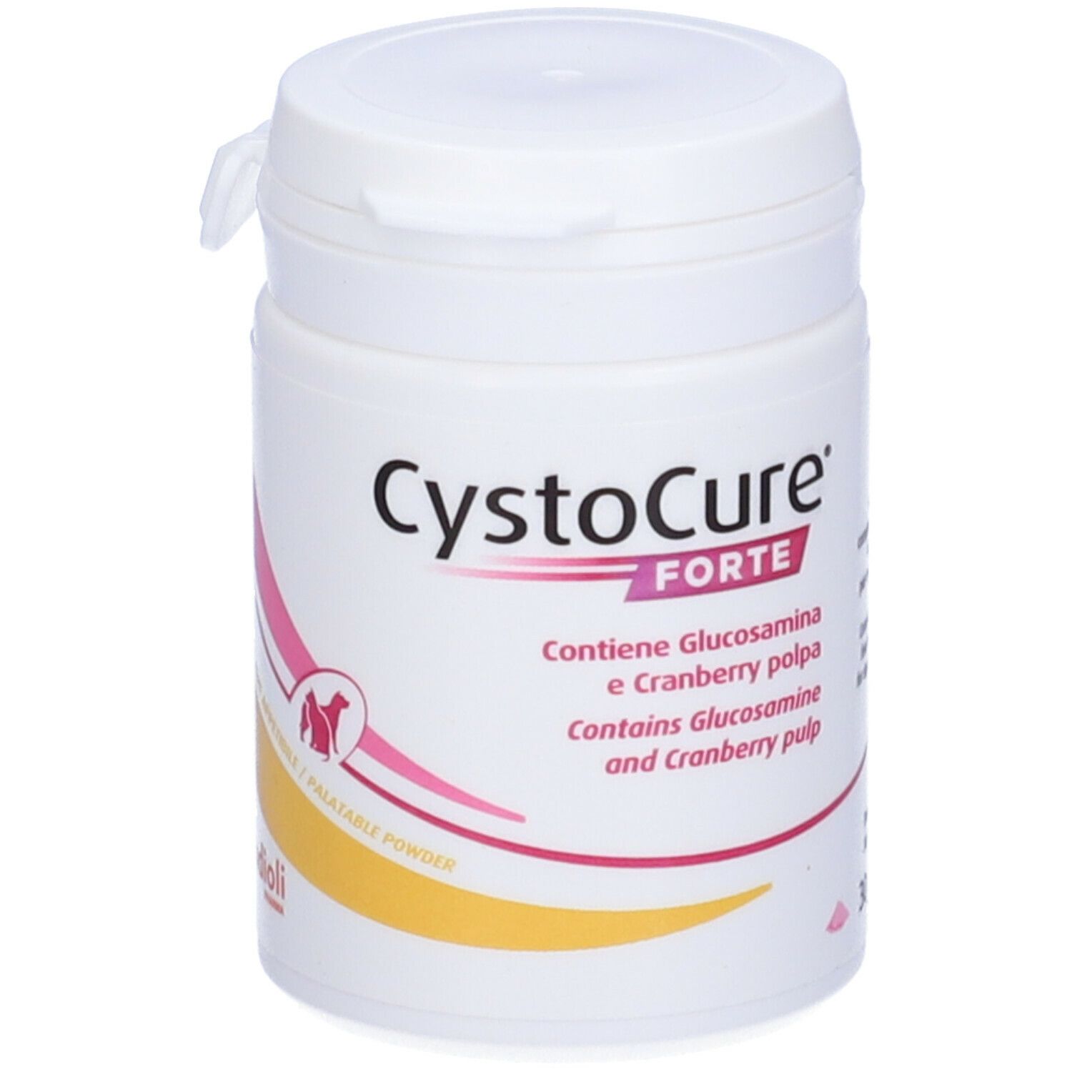 Barattolo bianco con coperchio. Scritta CystoCure Forte, contiene Glucosamina e polpa di mirtillo rosso. Logo cane e gatto.