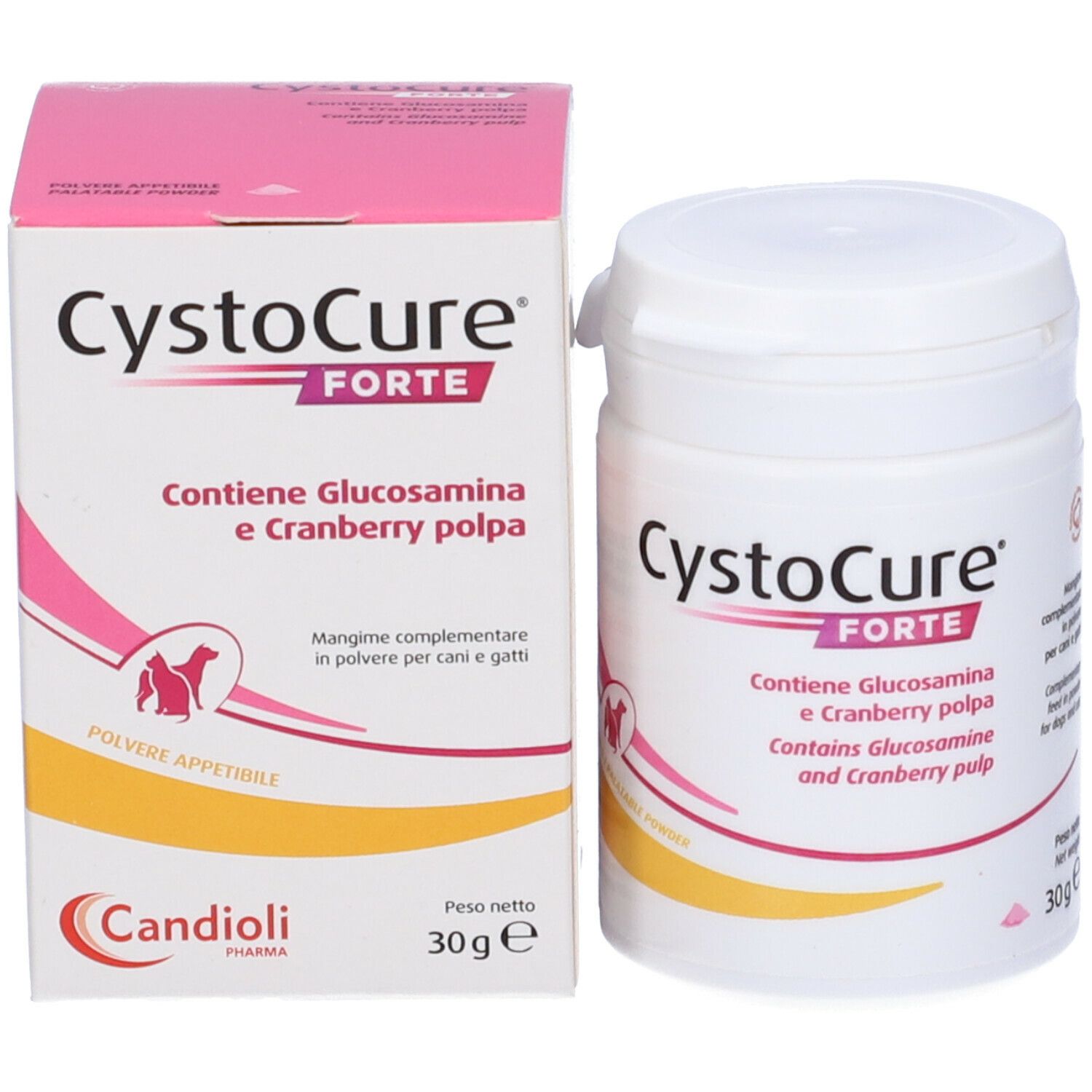 Barattolo bianco e scatola. Scritta CystoCure Forte, contiene Glucosamina e polpa di mirtillo rosso. 30g. Logo cane e gatto.