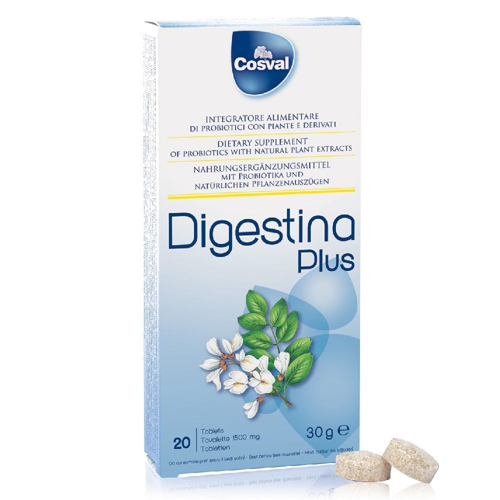 Scatola di Digestina Plus, 20 compresse. Marchio Cosval. Fiori bianchi e foglie verdi illustrati.