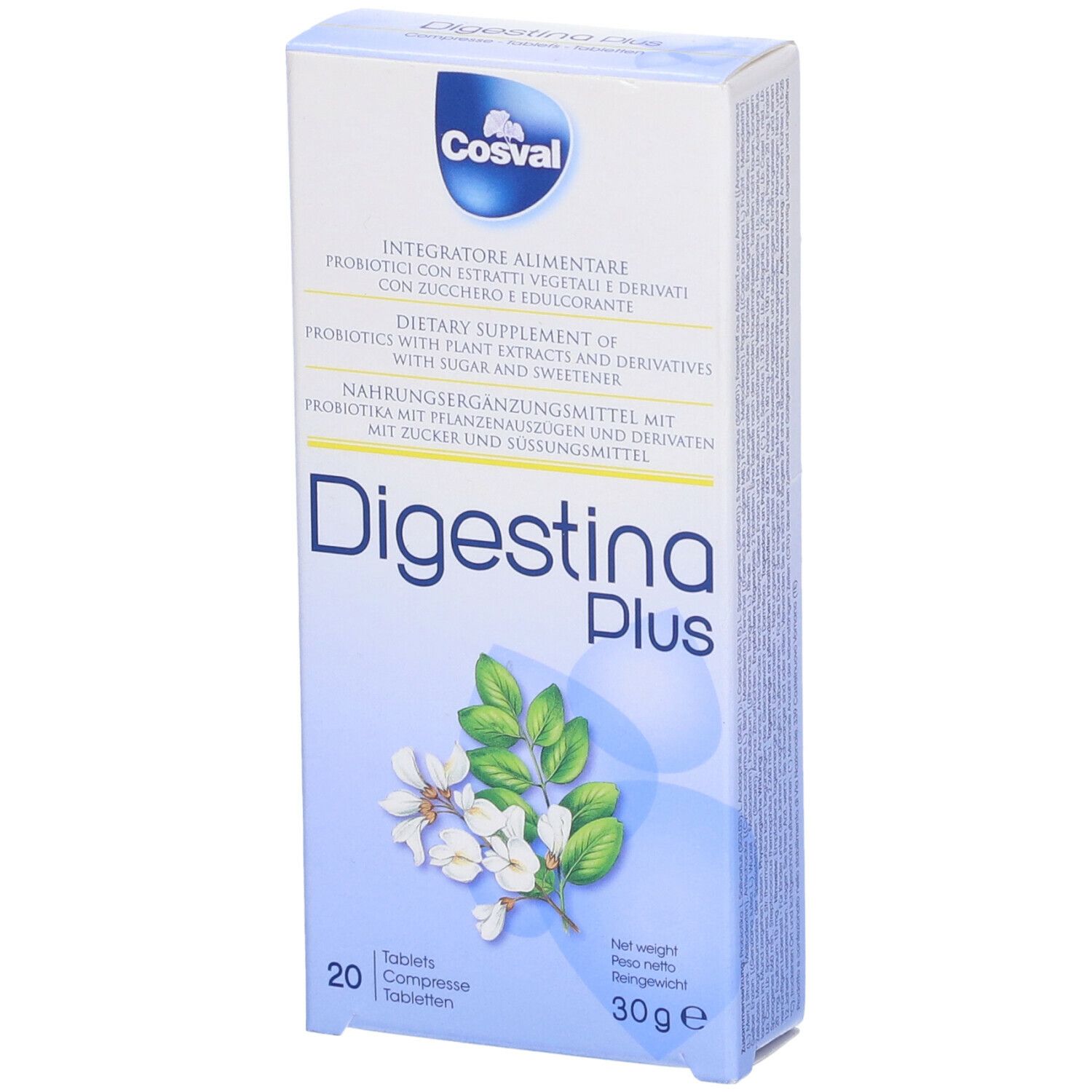 Scatola di Digestina Plus, 20 compresse. Marchio Cosval. Fiori bianchi e foglie verdi illustrati.