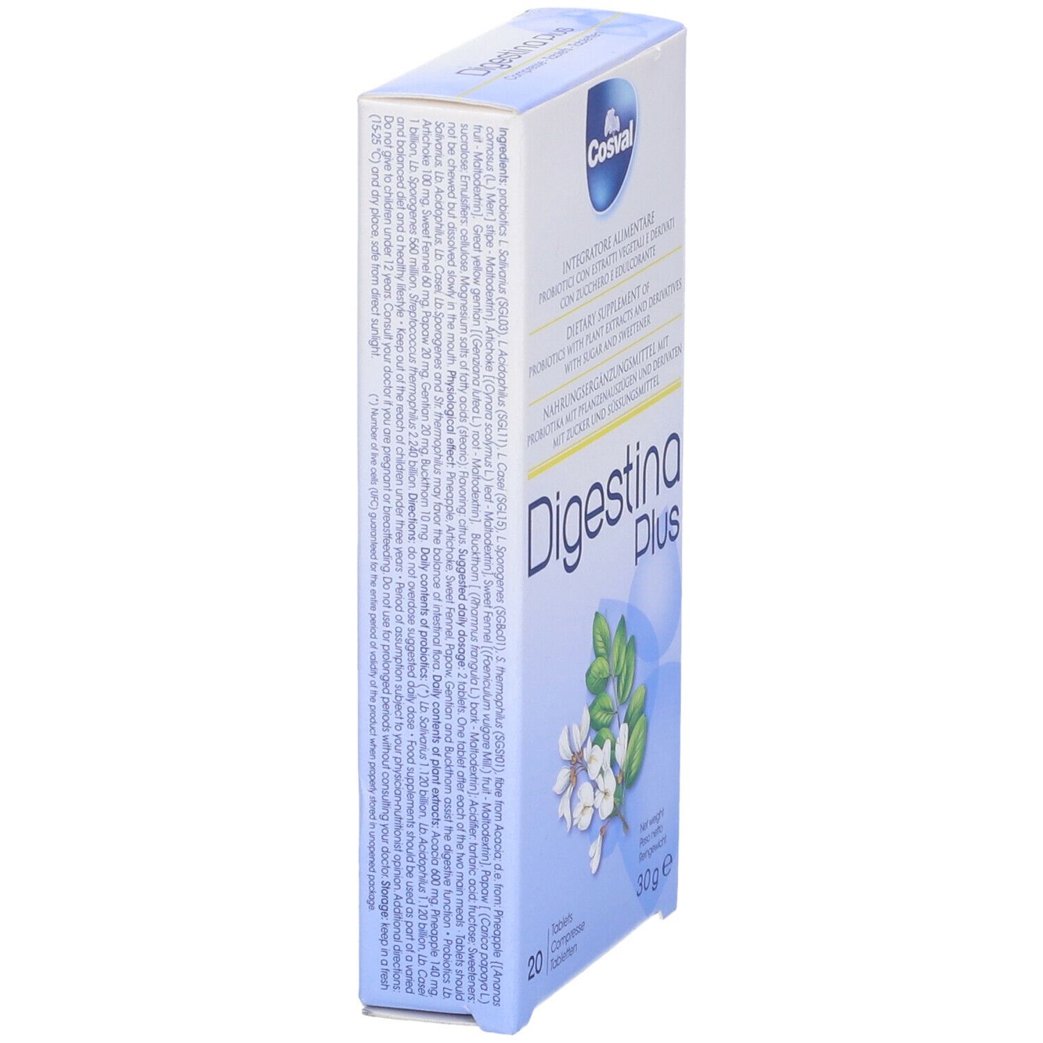 Scatola di Digestina Plus, 20 compresse. Marchio Cosval. Fiori bianchi e foglie verdi illustrati.