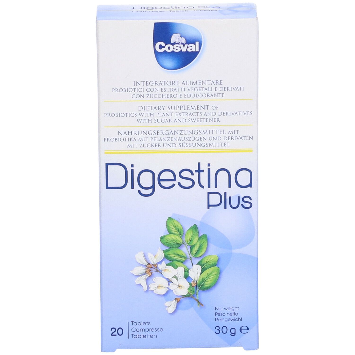 Scatola di Digestina Plus, 20 compresse. Marchio Cosval. Fiori bianchi e foglie verdi illustrati.