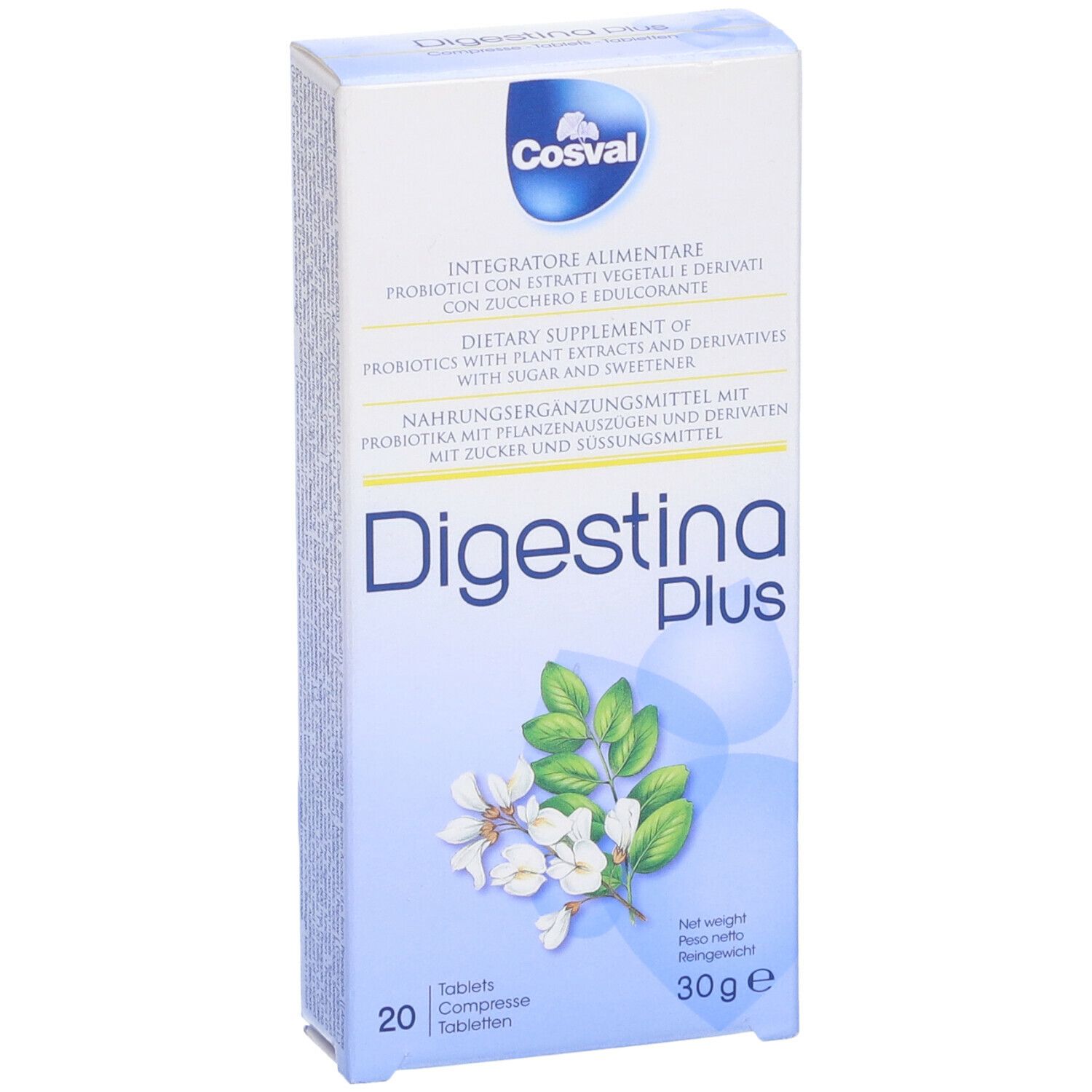 Scatola di Digestina Plus, 20 compresse. Marchio Cosval. Fiori bianchi e foglie verdi illustrati.