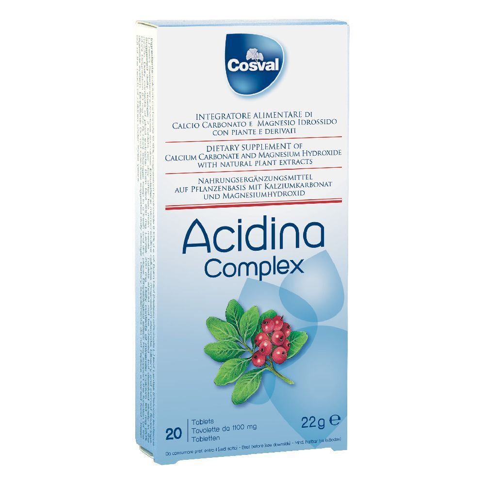 Scatola di compresse Acidina Complex. Scritta: Cosval, 20 compresse, 22g. Illustrazione di foglie e bacche rosse.