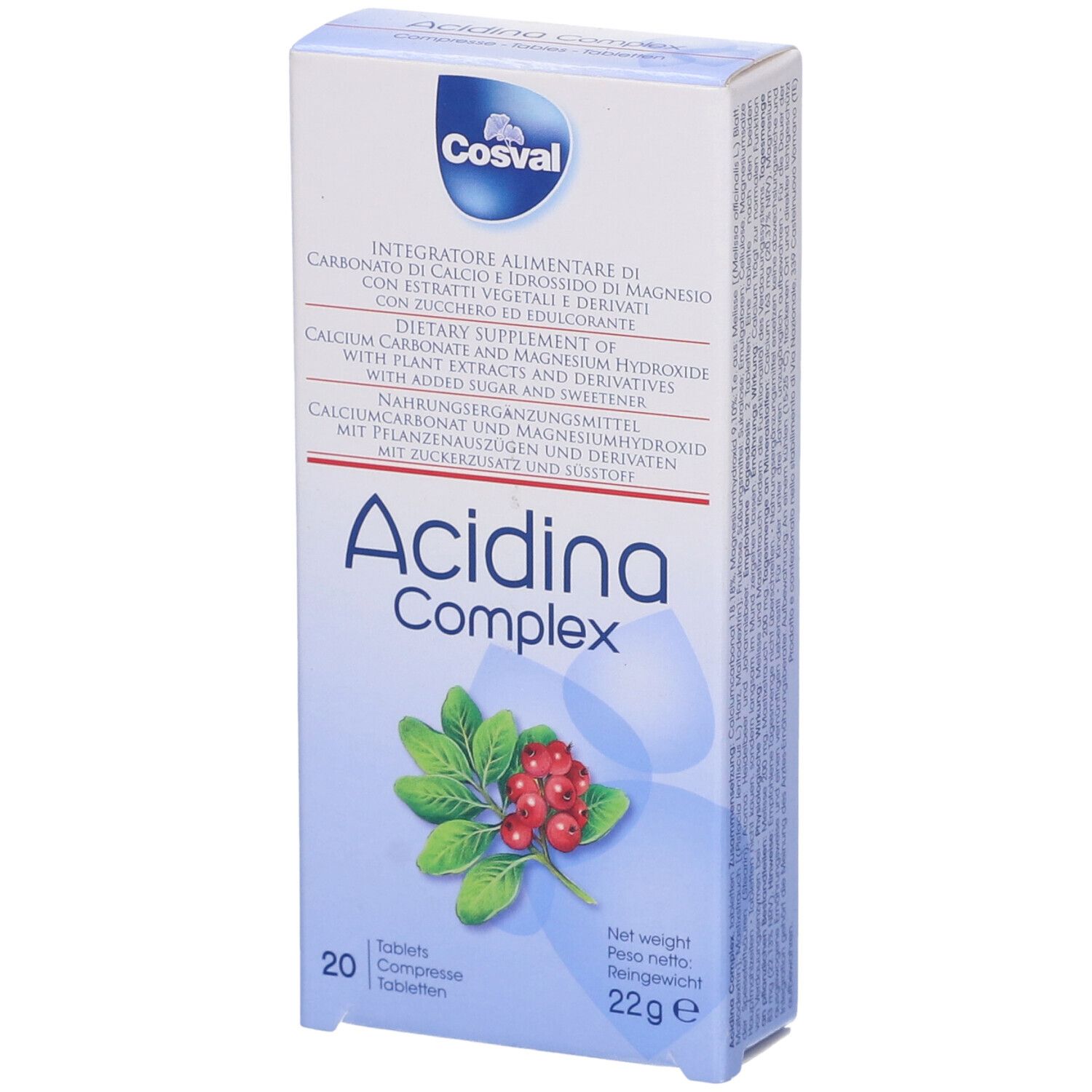 Scatola di compresse Acidina Complex. Scritta: Cosval, 20 compresse, 22g. Illustrazione di foglie e bacche rosse.