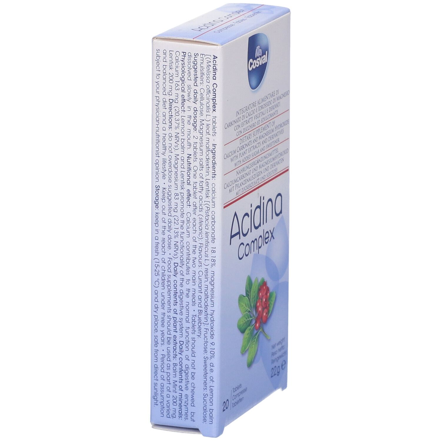Scatola Acidina Complex, vista laterale. Testo: ingredienti, dosaggio, avvertenze. Marchio Cosval.