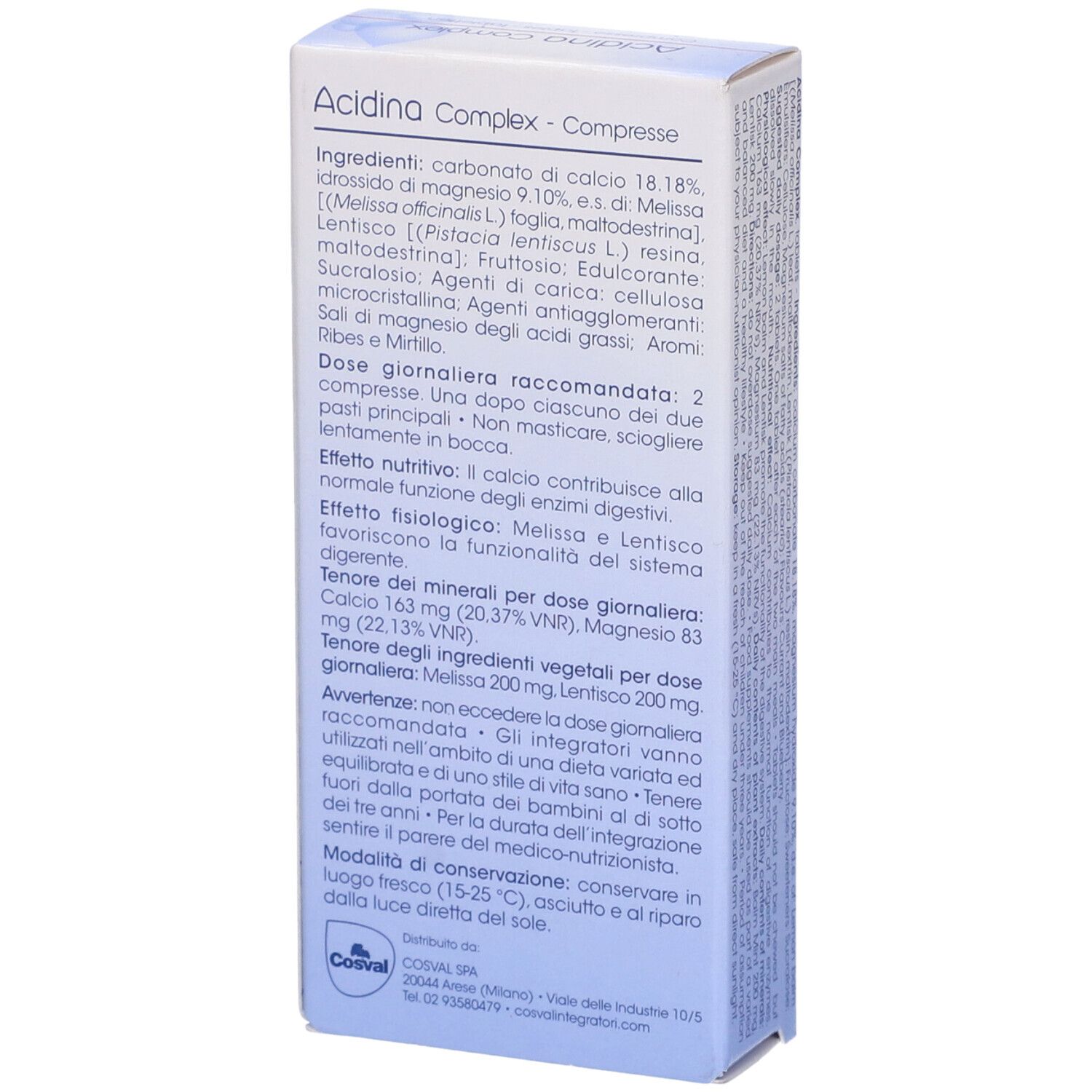 Retro della scatola Acidina Complex. Testo: ingredienti, dosaggio, avvertenze. Marchio Cosval.