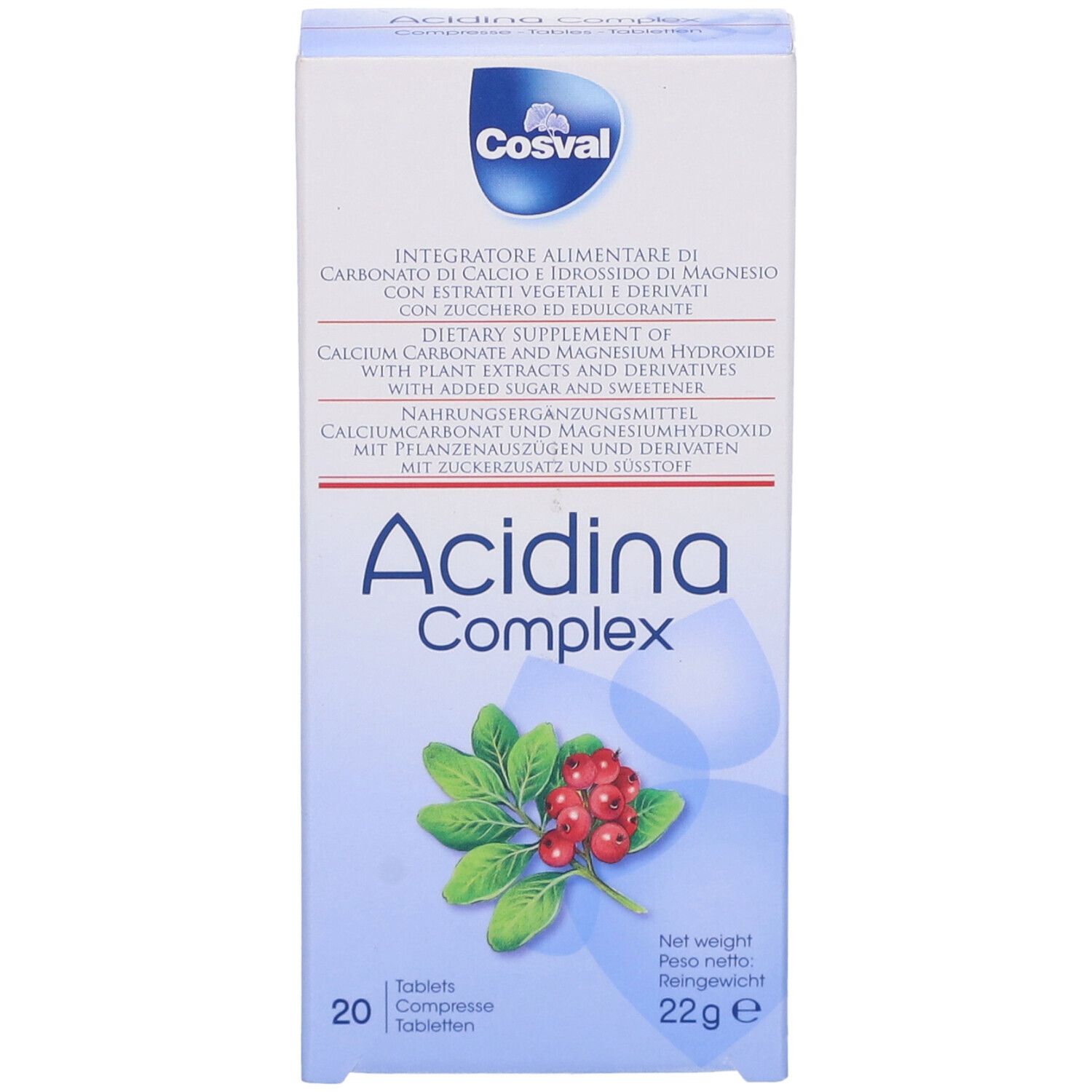 Scatola di compresse Acidina Complex. Scritta: Cosval, 20 compresse, 22g. Illustrazione di foglie e bacche rosse.