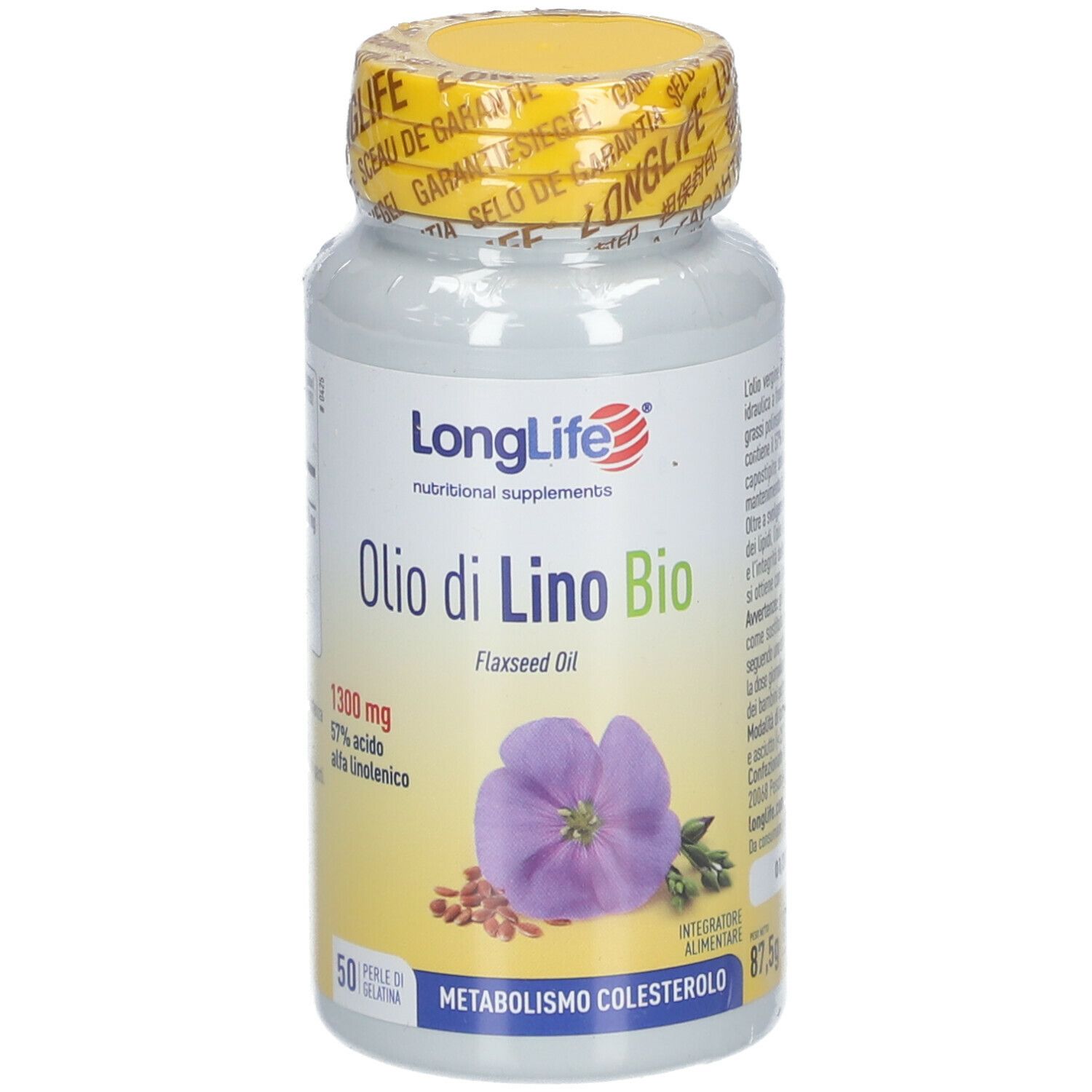Kapsel-Dose LongLife® Bio-Leinöl. Etikett mit Produktinformationen und Blüte.