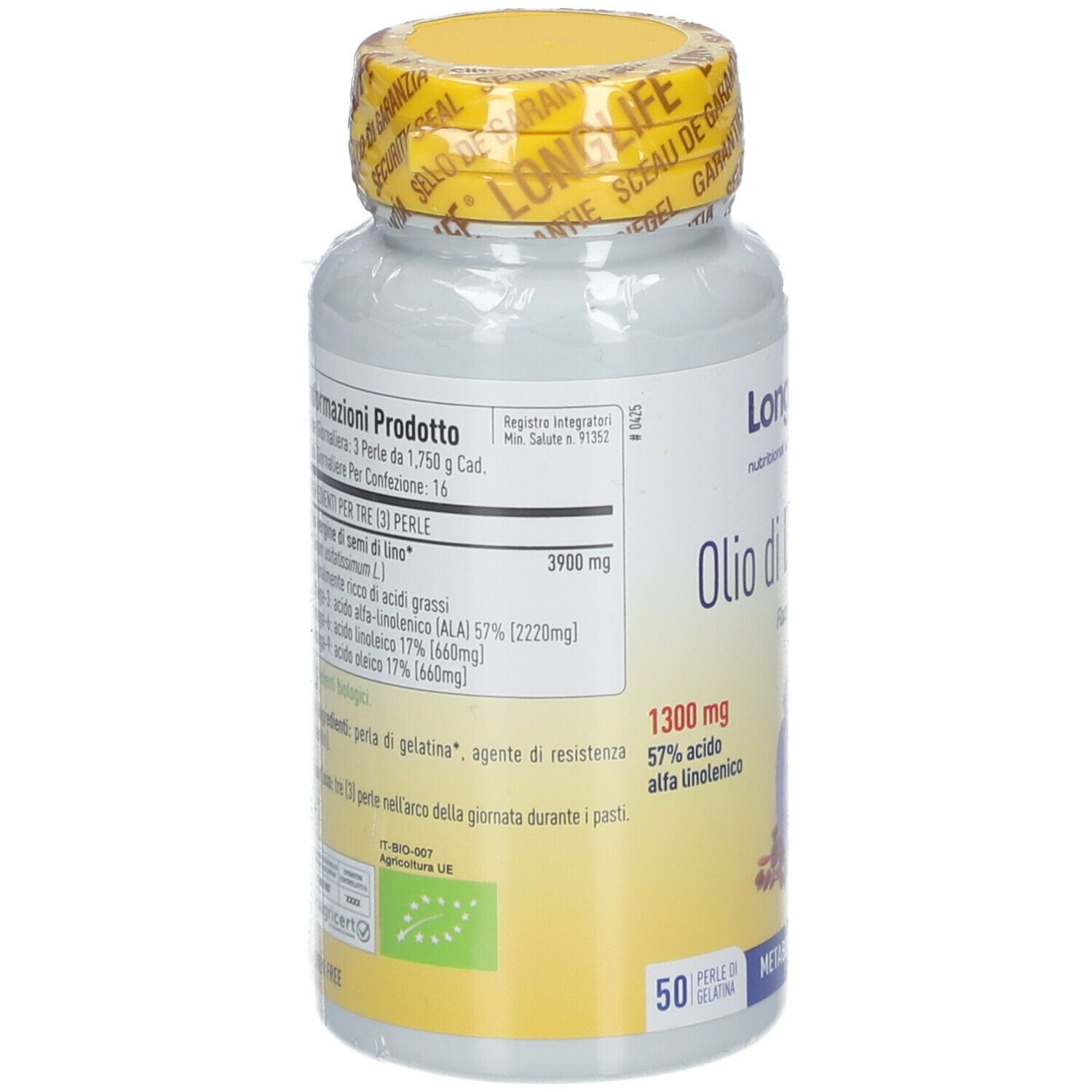 Rückseite der LongLife® Bio-Leinöl-Dose. Produktinformationen und Zertifizierung.