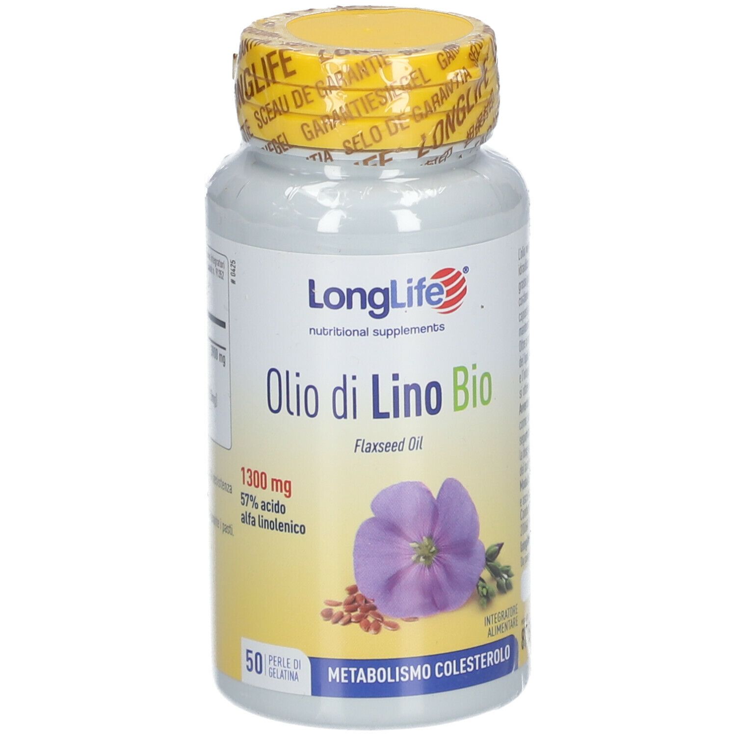 Kapsel-Dose LongLife® Bio-Leinöl. Etikett mit Produktinformationen und Blüte.