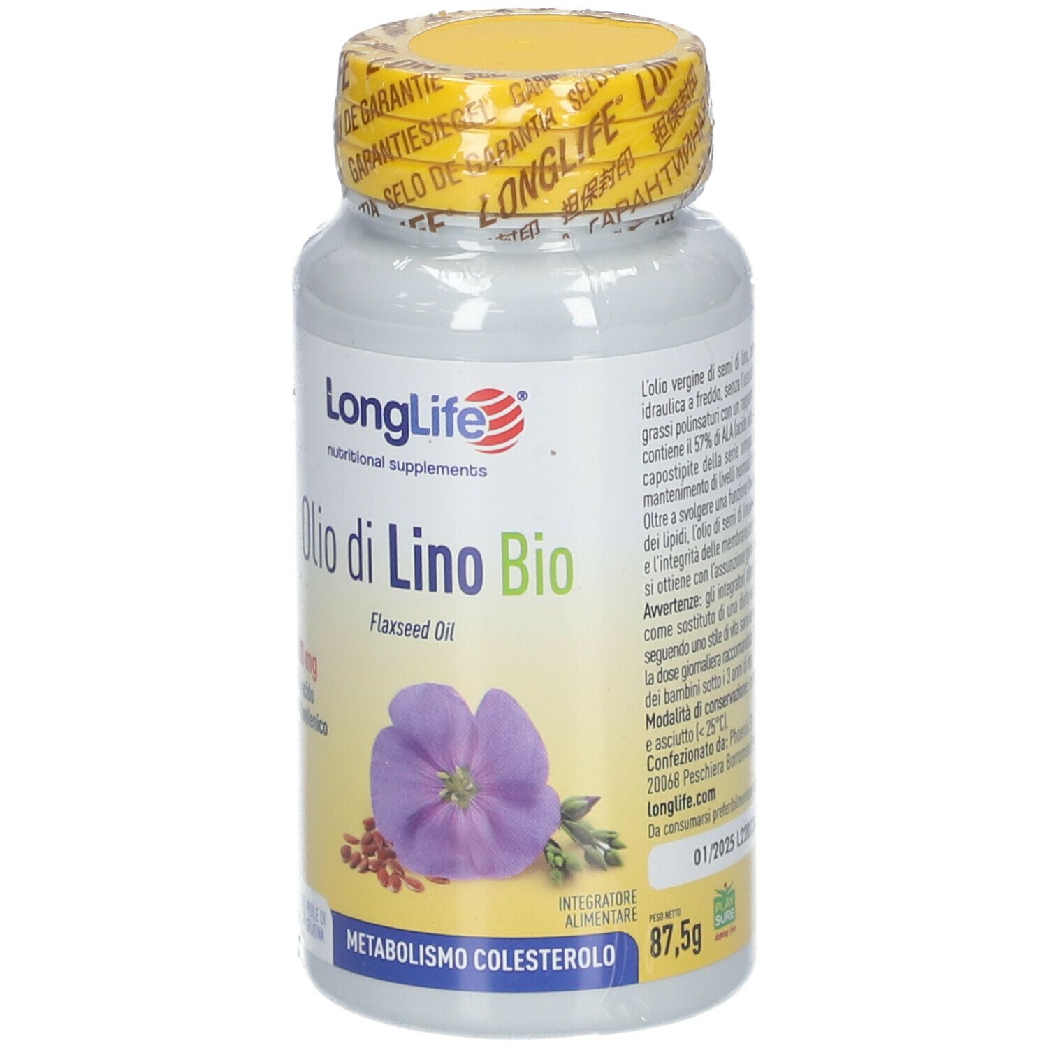 Kapsel-Dose LongLife® Bio-Leinöl. Etikett mit Produktinformationen und Blüte.