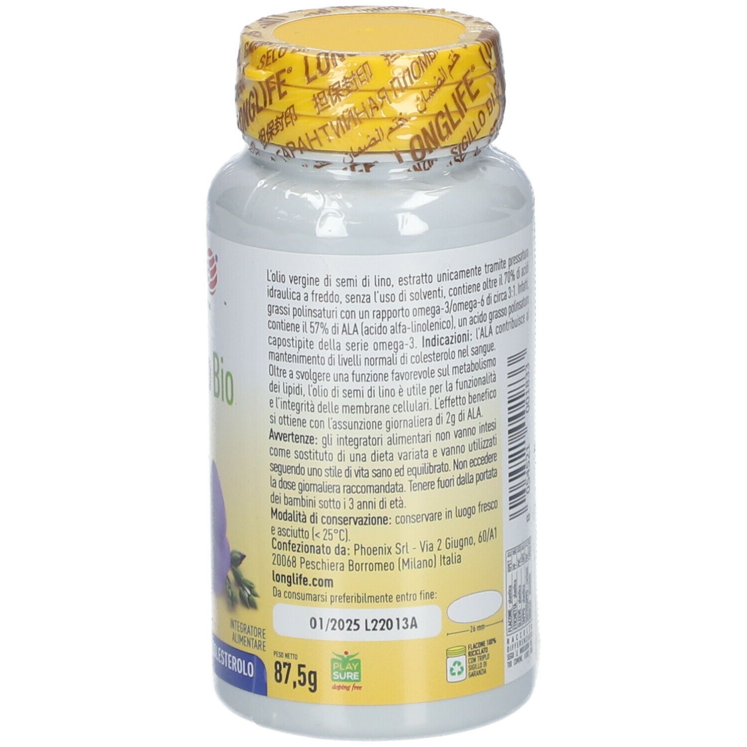 Rückseite der LongLife® Bio-Leinöl-Dose. Produktinformationen und Haltbarkeitsdatum.