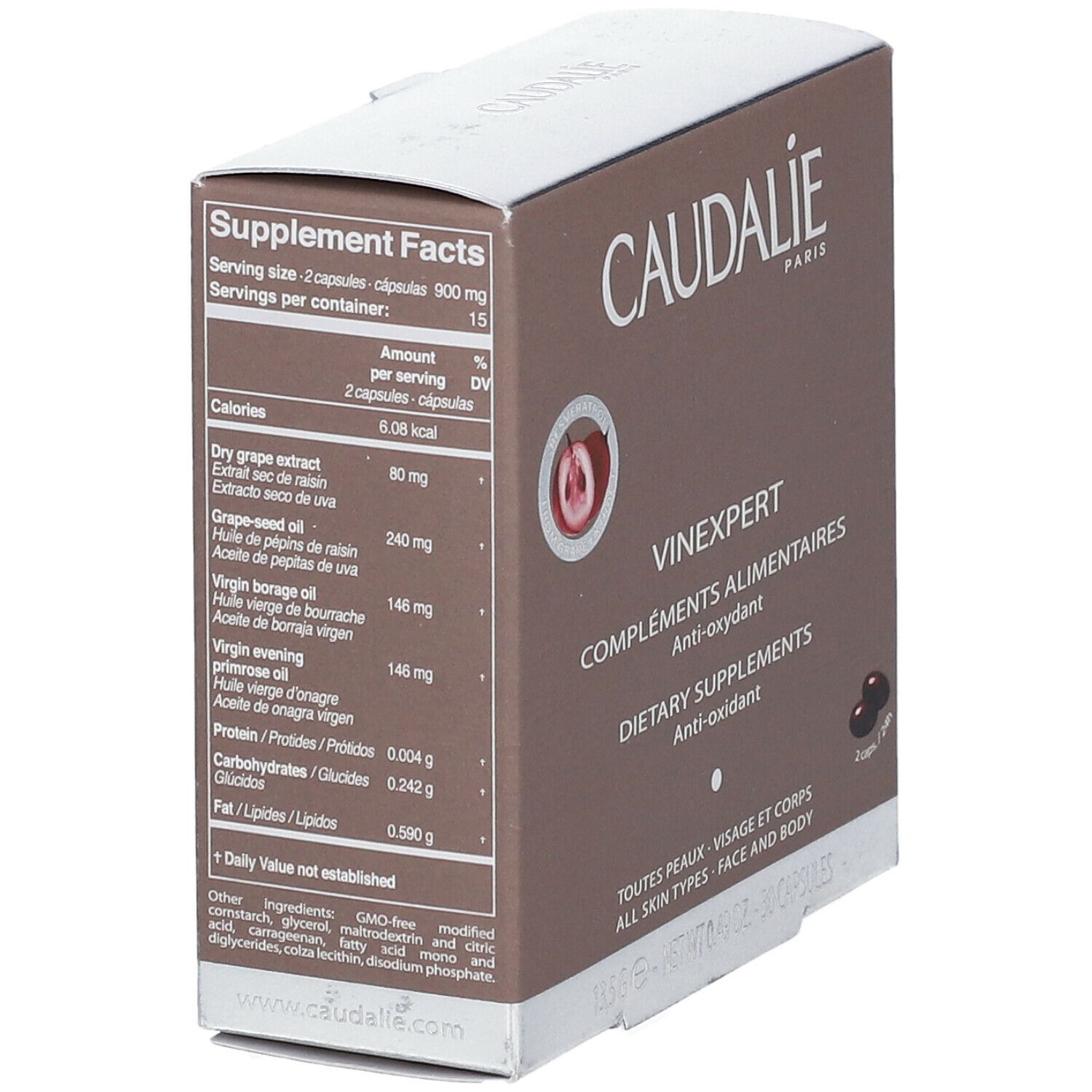 Scatola, retro con informazioni nutrizionali e ingredienti. Scritta CAUDALIE PARIS, VINEXPERT, integratori alimentari.