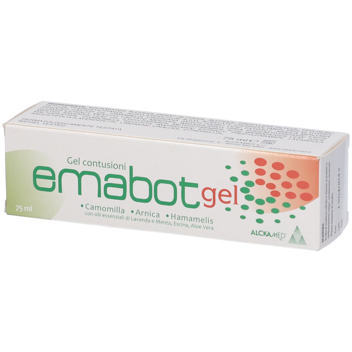 Scatola con nome del prodotto e ingredienti. Design verde e rosso. 75 ml. Logo ALCKA MED.