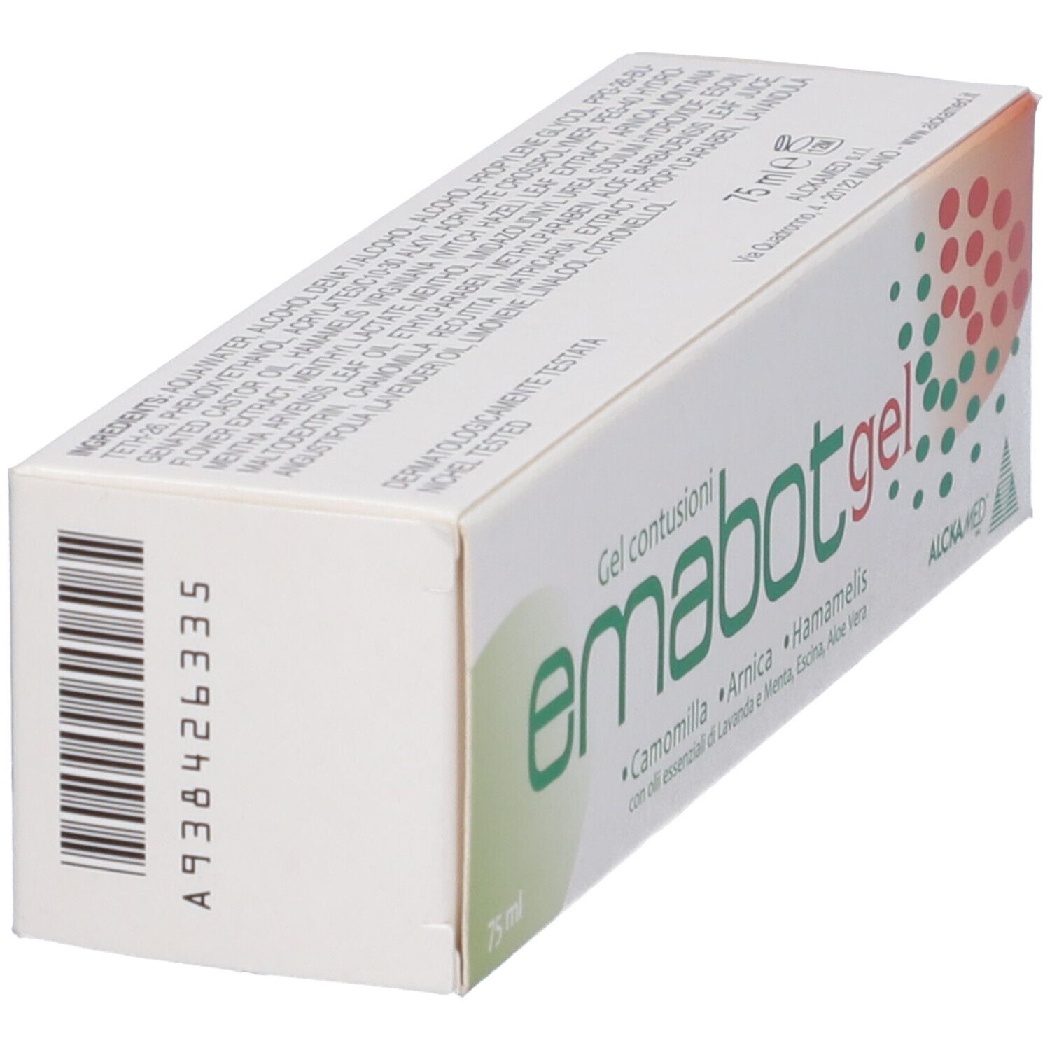 Scatola con codice a barre e informazioni sul prodotto. Nome del prodotto visibile. 75 ml. Logo ALCKA MED.