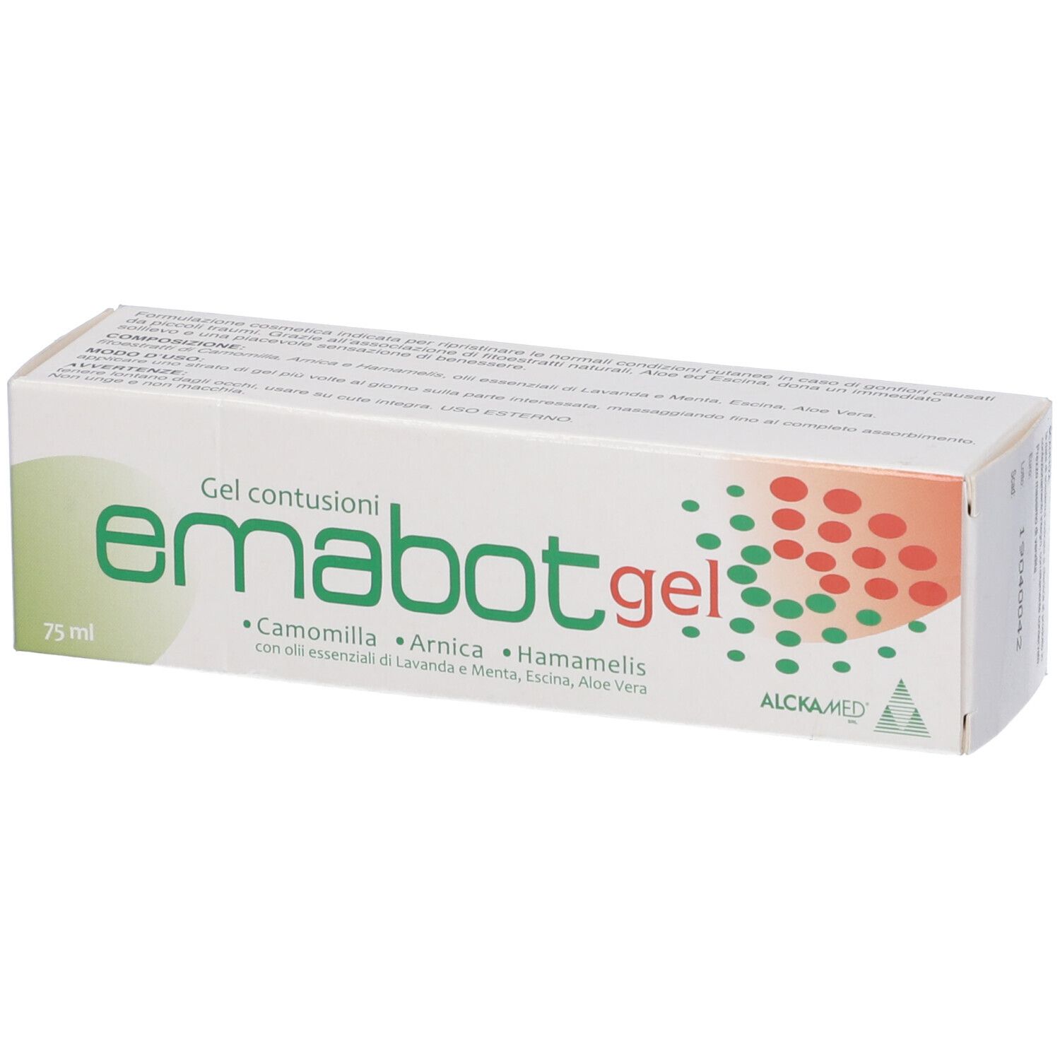 Scatola con nome del prodotto e ingredienti. Design verde e rosso. 75 ml. Logo ALCKA MED.