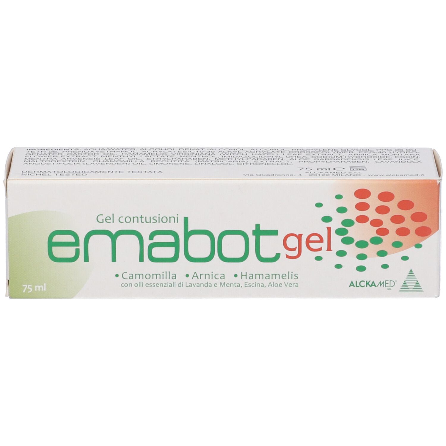 Scatola con nome del prodotto e ingredienti. Design verde e rosso. 75 ml. Logo ALCKA MED.