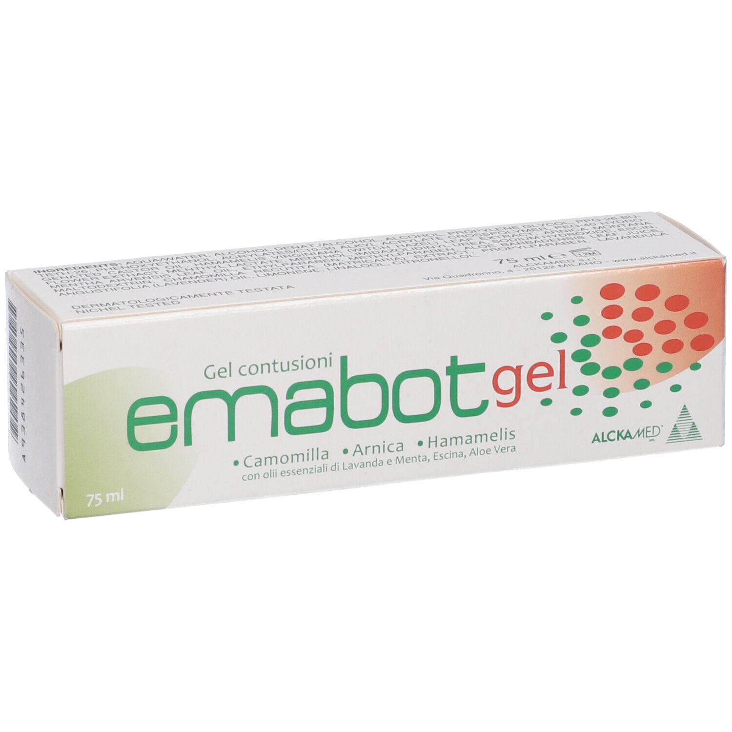 Scatola con nome del prodotto e ingredienti. Design verde e rosso. 75 ml. Logo ALCKA MED.