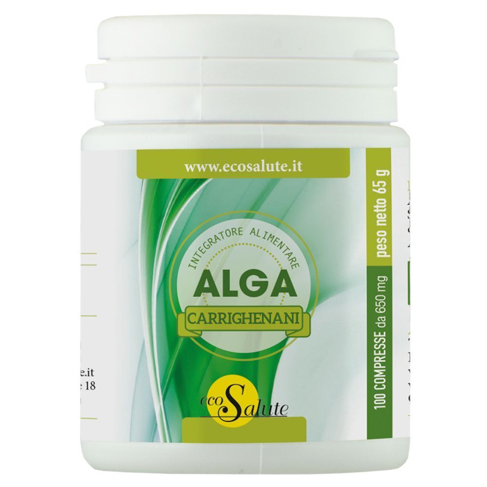 Flacone bianco con etichetta verde. Scritta: Alga Carrighenani, 100 compresse. Marchio: Ecosalute.