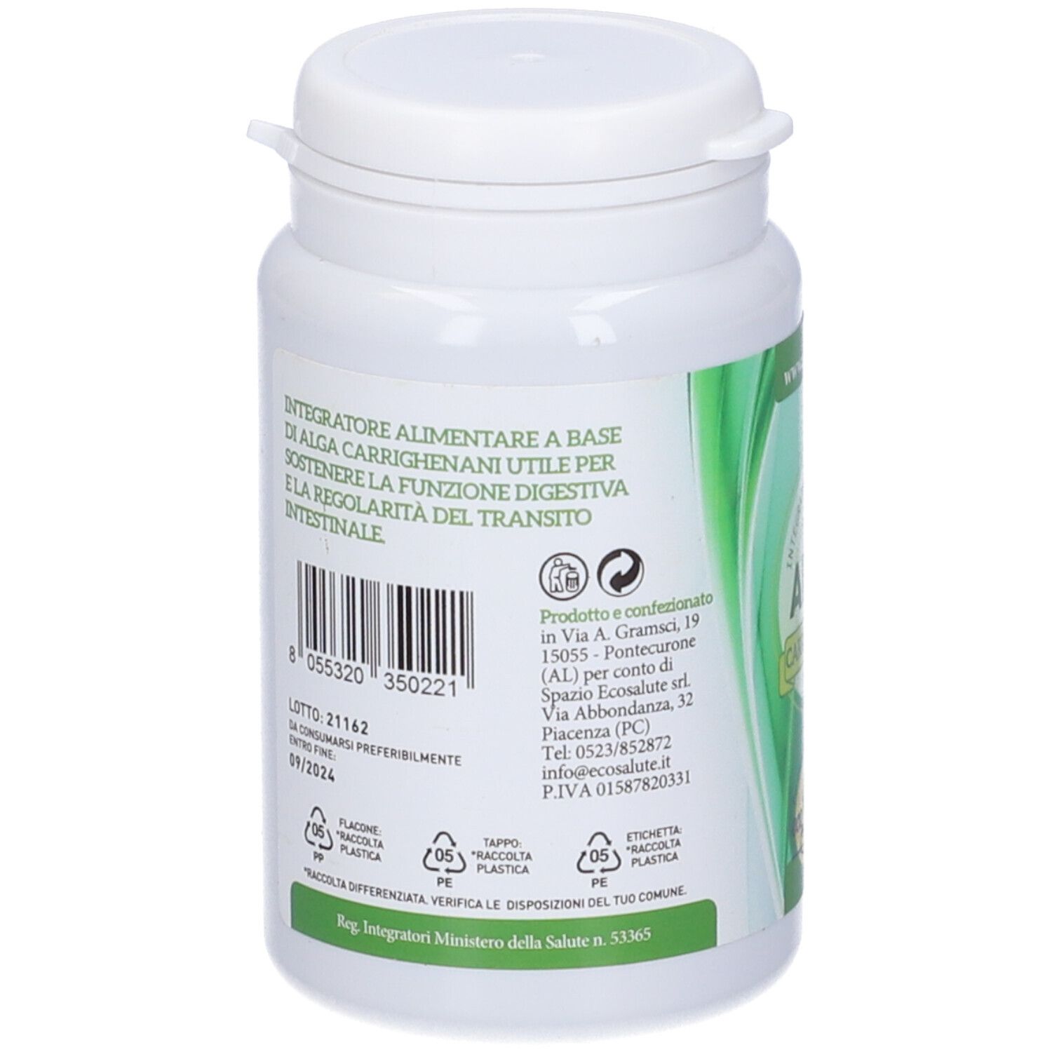Retro del flacone bianco. Testo: Alga Carrighenani. Informazioni sull'uso e ingredienti.