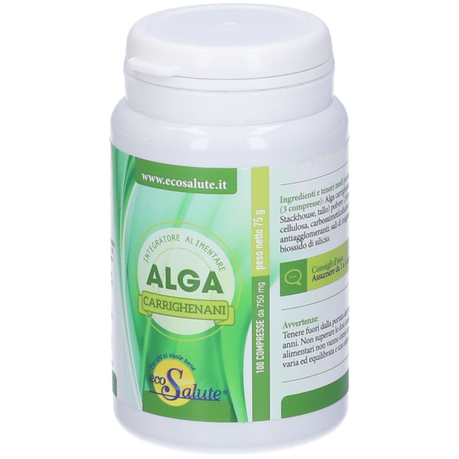 Flacone bianco con etichetta verde. Scritta: Alga Carrighenani, 100 compresse. Marchio: Ecosalute.