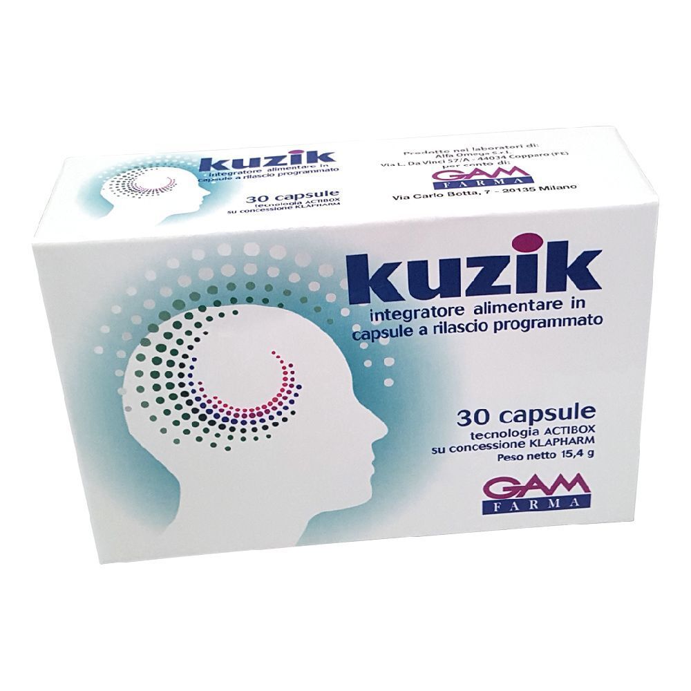 Scatola bianca "Kuzik" con 30 capsule. Logo e profilo testa con punti colorati. Informazioni nutrizionali e ingredienti.