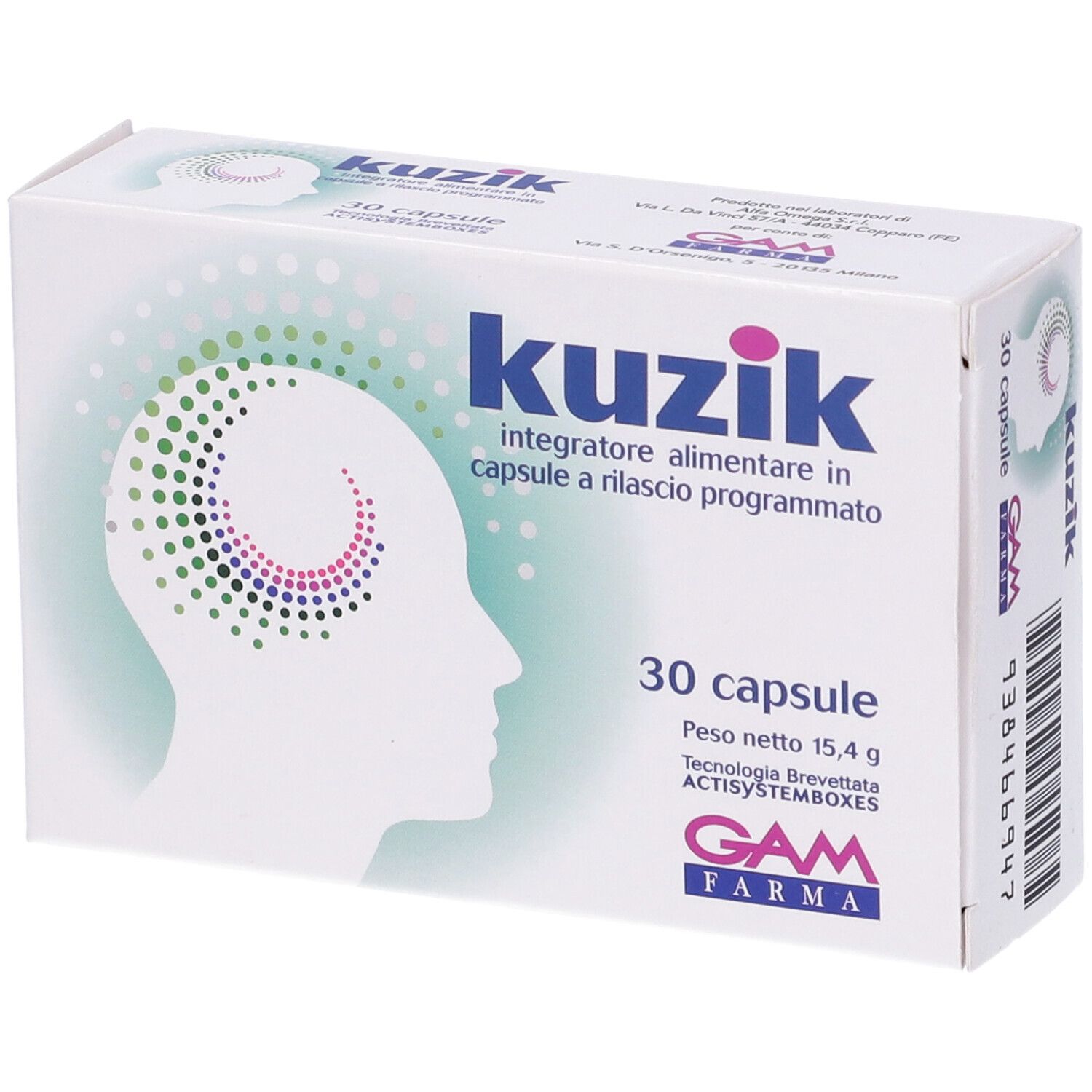 Scatola bianca "Kuzik" con 30 capsule. Logo e profilo testa con punti colorati. Vista prospettica.