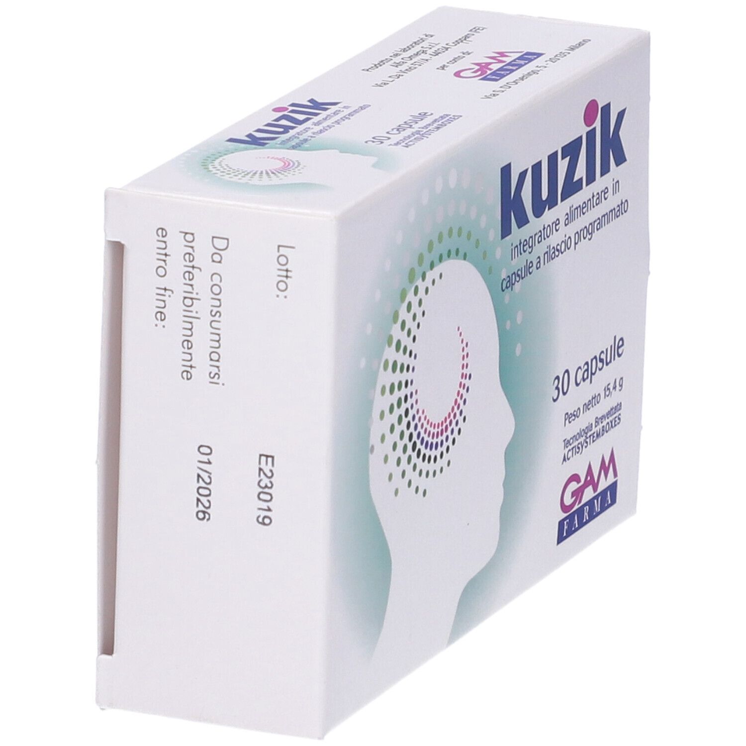 Scatola bianca "Kuzik" con 30 capsule. Logo e profilo testa con punti colorati. Vista laterale con data di scadenza.