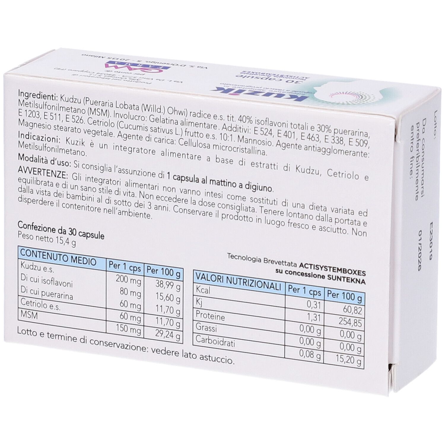 Scatola bianca "Kuzik" con 30 capsule. Retro con ingredienti e informazioni nutrizionali. Testo in italiano.