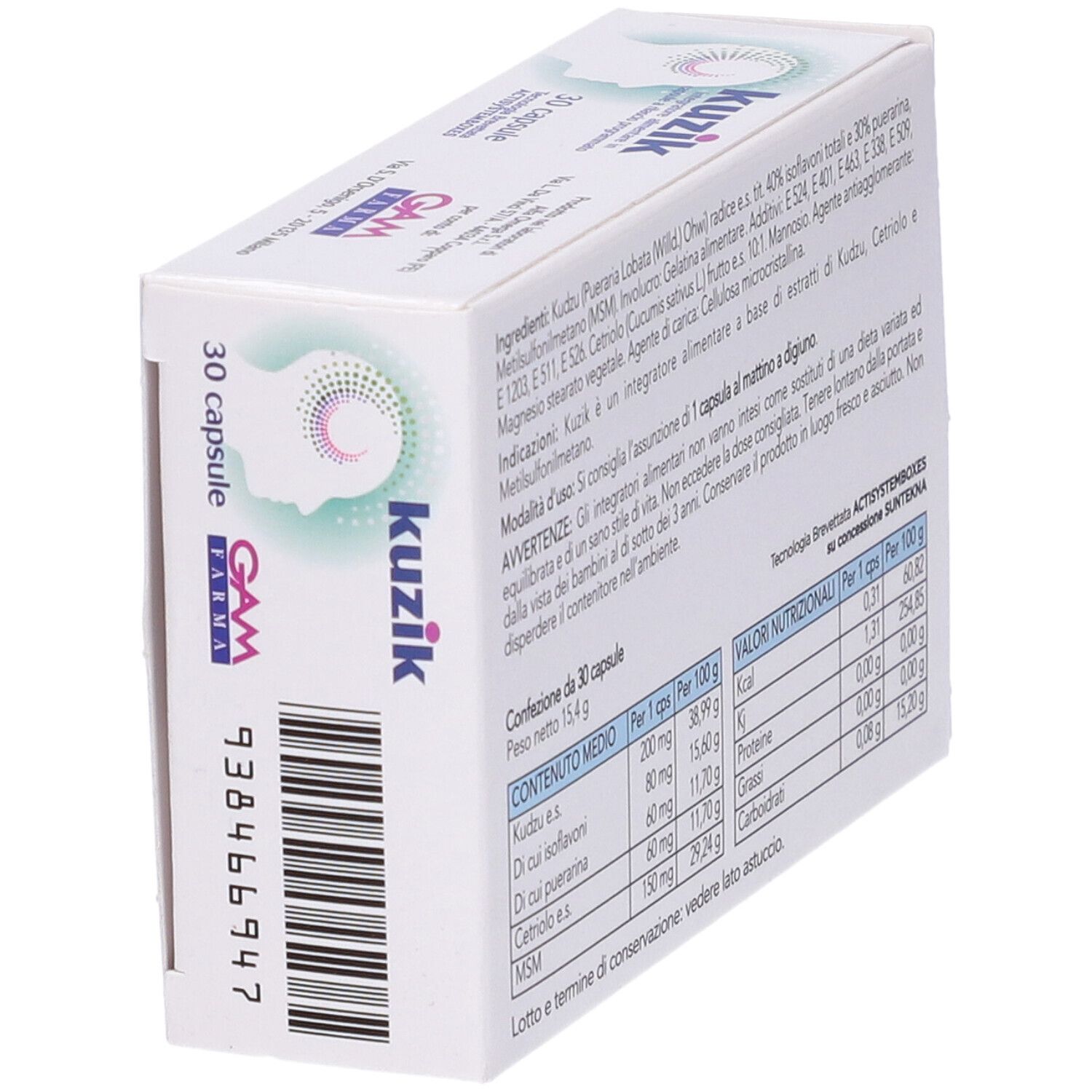 Scatola bianca "Kuzik" con 30 capsule. Retro con ingredienti e informazioni nutrizionali. Vista prospettica.
