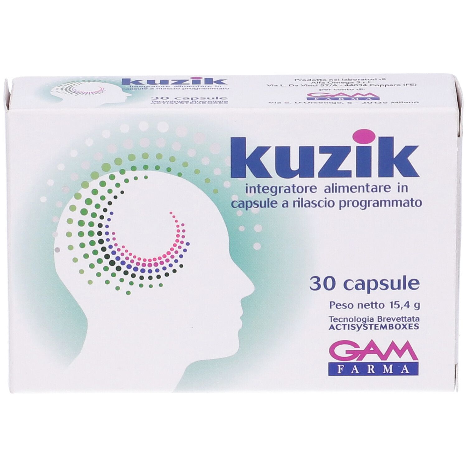 Scatola bianca "Kuzik" con 30 capsule. Logo e profilo testa con punti colorati. Vista prospettica.