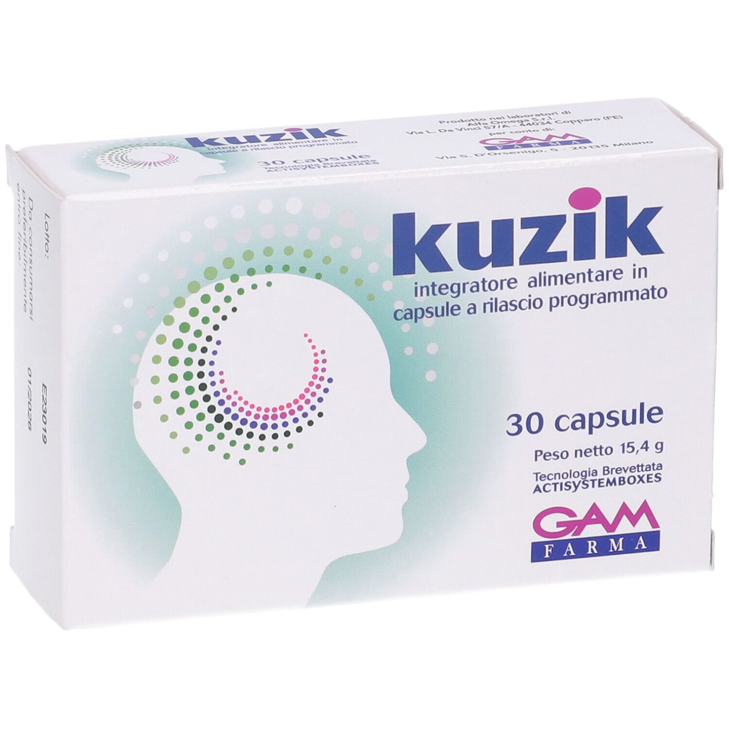 Scatola bianca "Kuzik" con 30 capsule. Logo e profilo testa con punti colorati. Vista prospettica.