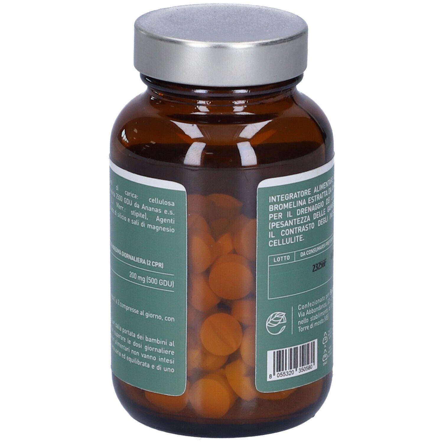 Flacone di vetro marrone, vista laterale. Testo: Bromelina Ananas, ingredienti, numero di lotto, informazioni produttore.
