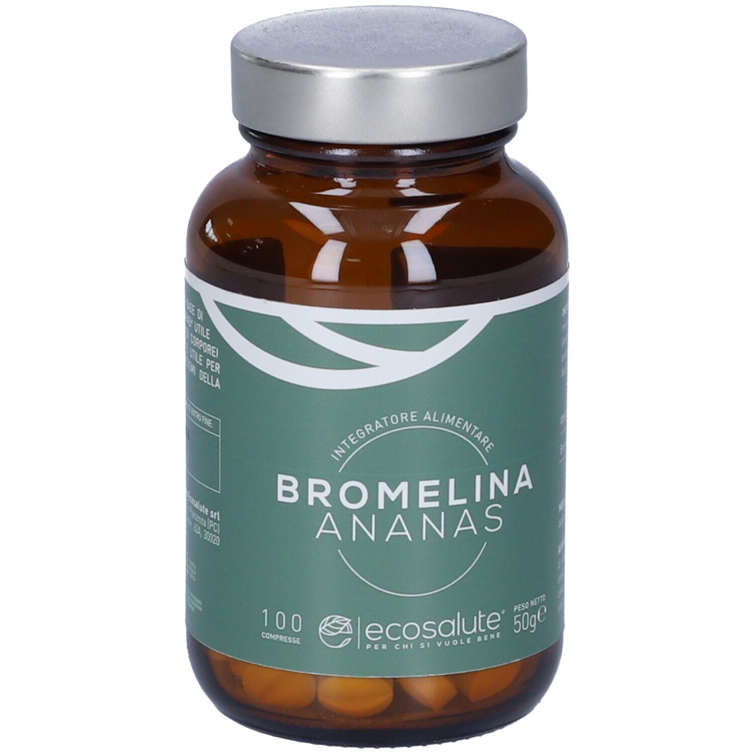 Flacone di vetro marrone con tappo argentato. Scritta: Bromelina Ananas, 100 compresse, Ecosalute.