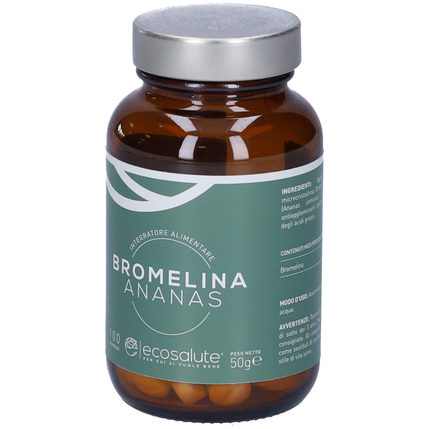 Flacone di vetro marrone con tappo argentato. Scritta: Bromelina Ananas, 100 compresse, Ecosalute, 50g.