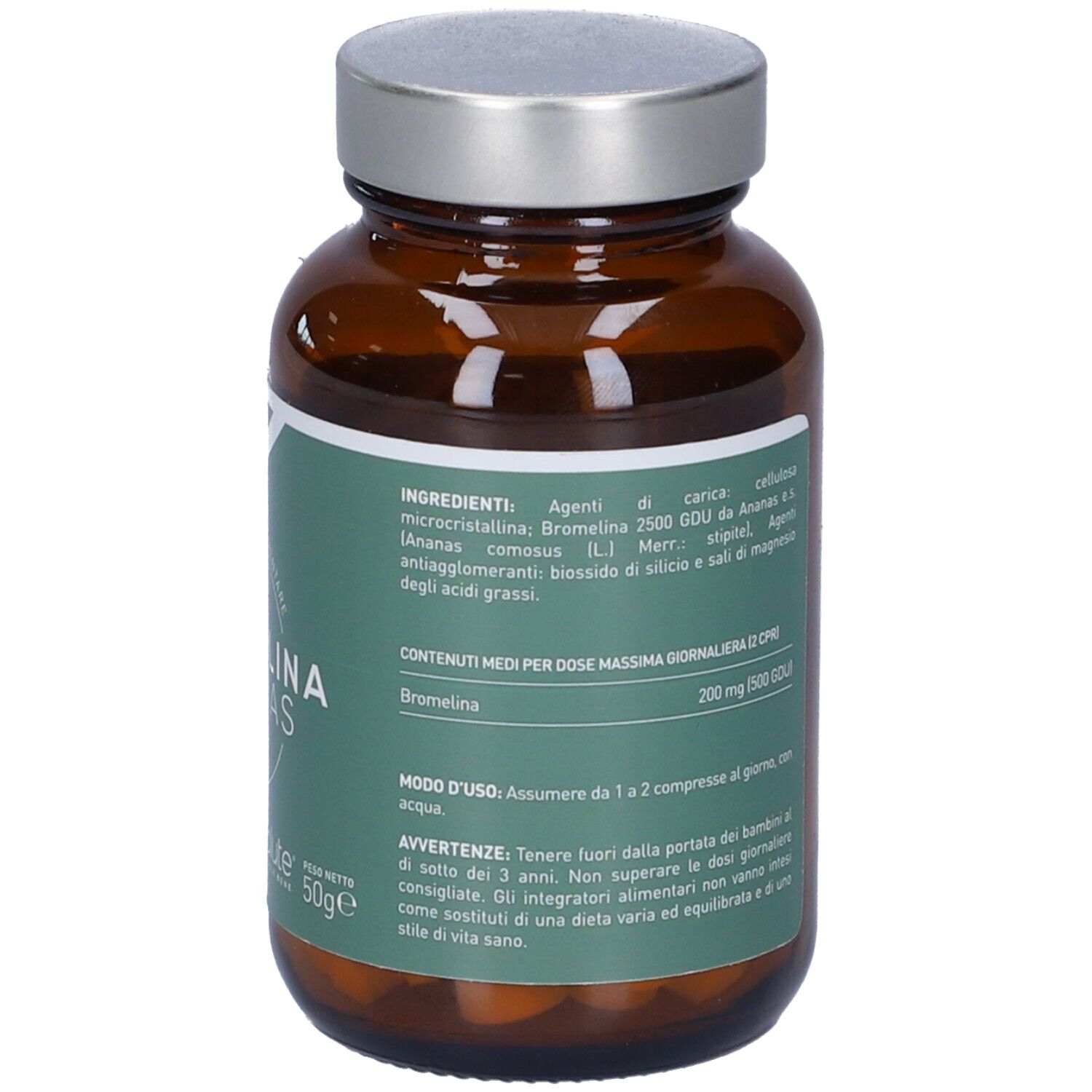 Flacone di vetro marrone, vista laterale. Testo: Bromelina Ananas, ingredienti, dosaggio, avvertenze.