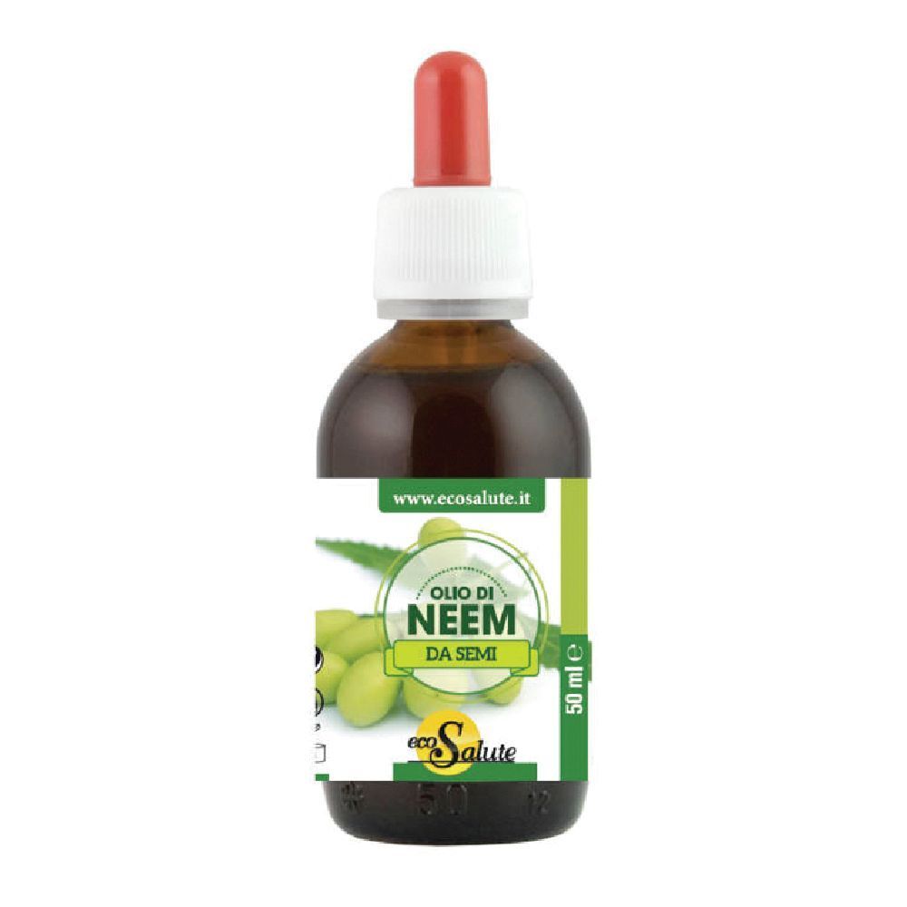 Flacone di vetro marrone con etichetta verde. Scritta: Olio di Neem da Semi. Contagocce. Marchio: Ecosalute.