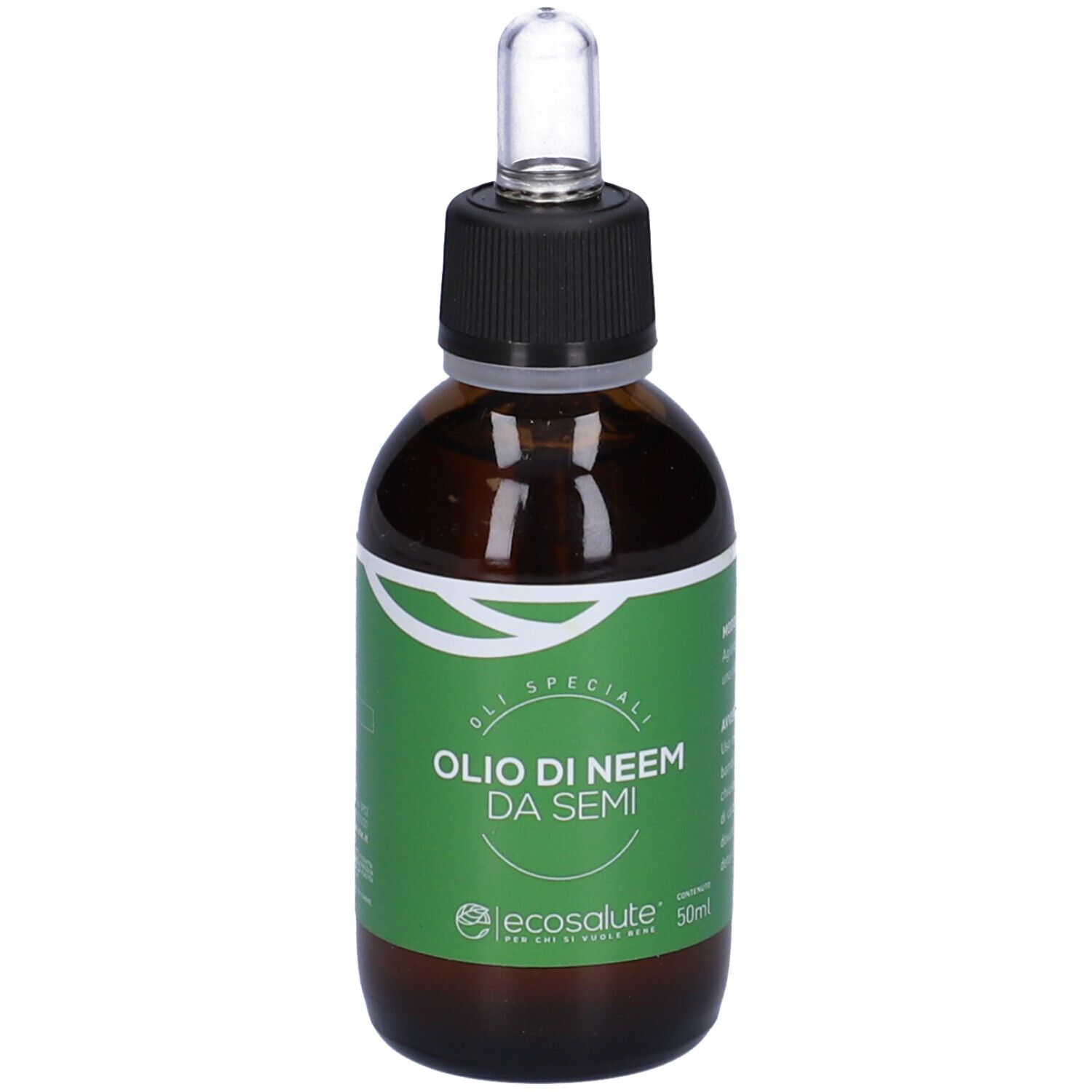 Flacone di vetro marrone con tappo nero ed etichetta verde. Scritta: Olio di Neem da Semi. Marchio: Ecosalute.