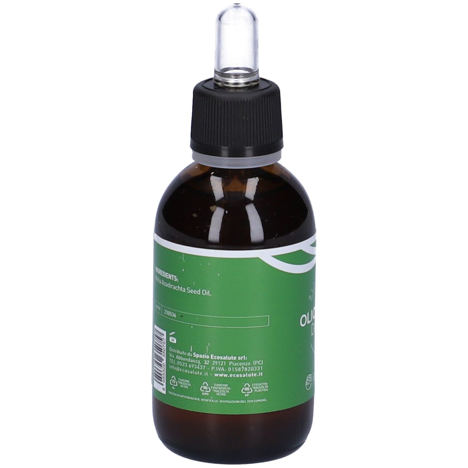 Flacone di vetro marrone con etichetta verde. Scritta: Olio di Neem da Semi. Elenco ingredienti. Marchio: Ecosalute.